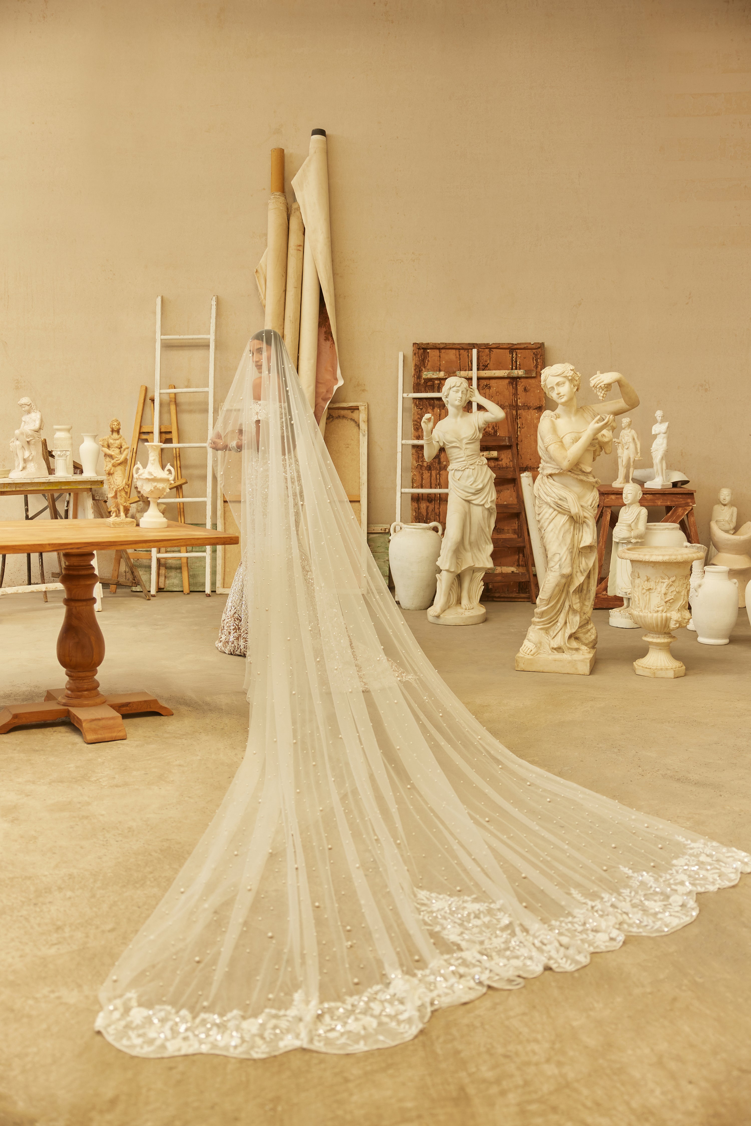 Ivory Hand-Embroidered Net & Lycra Mermaid Lehenga (3-Piece) - Image 8