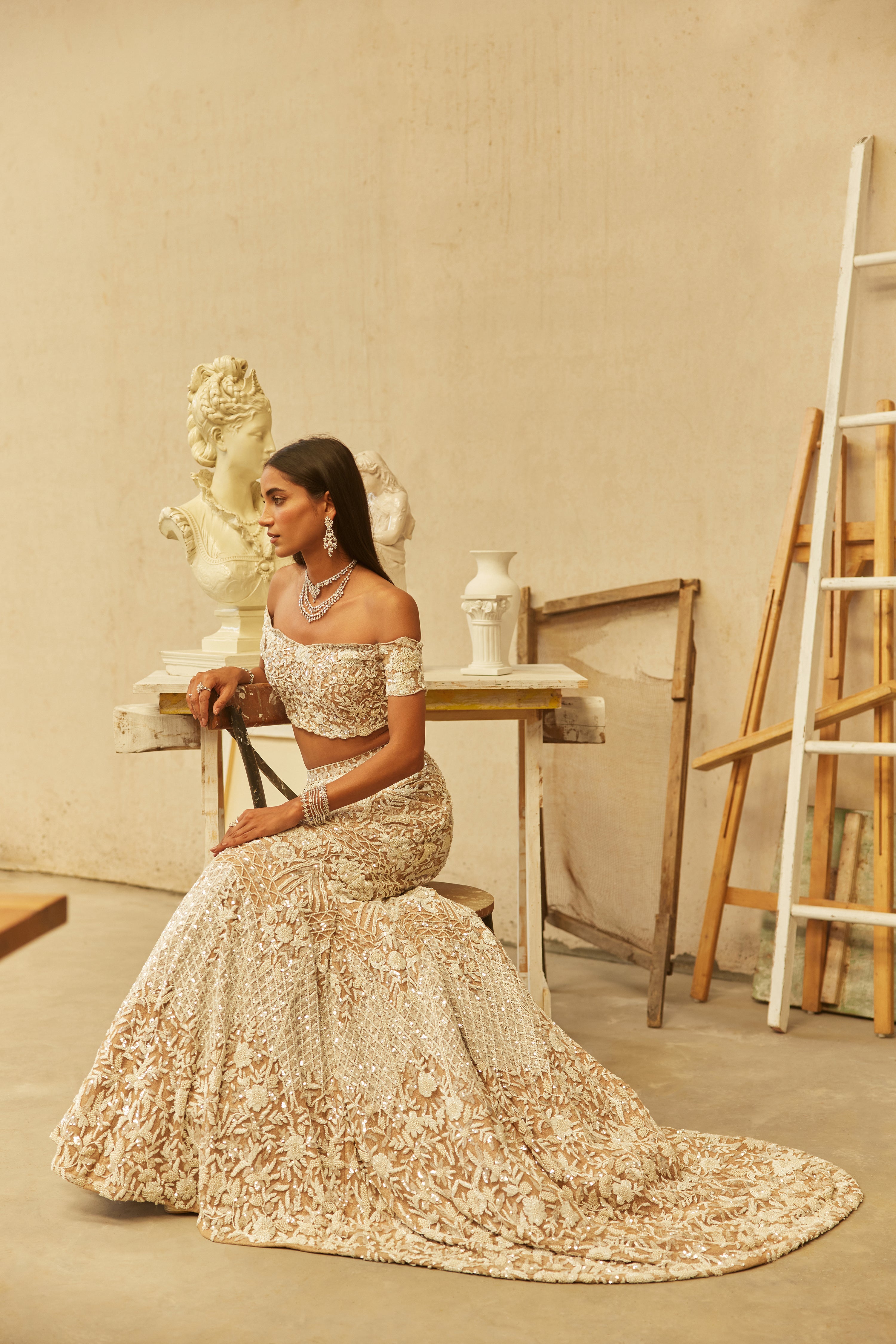 Ivory Hand-Embroidered Net & Lycra Mermaid Lehenga (3-Piece) - Image 9