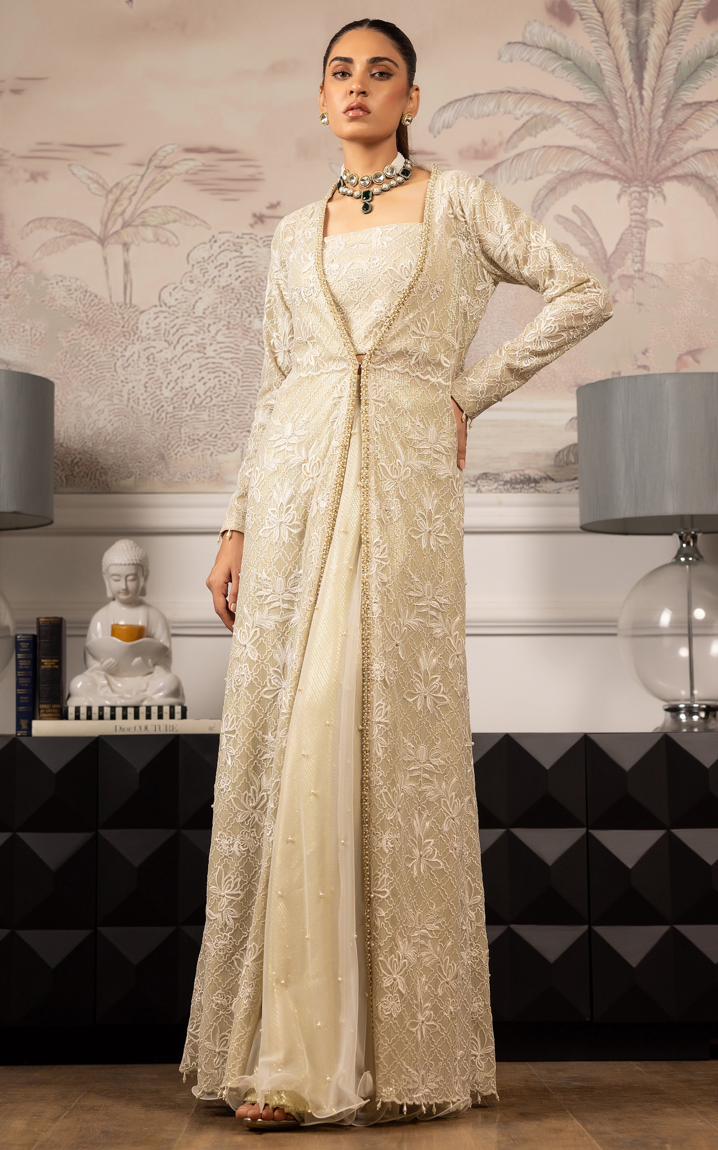 Ivory Embroidered Net Lehenga Jacket Set (3-Piece) - Image 1