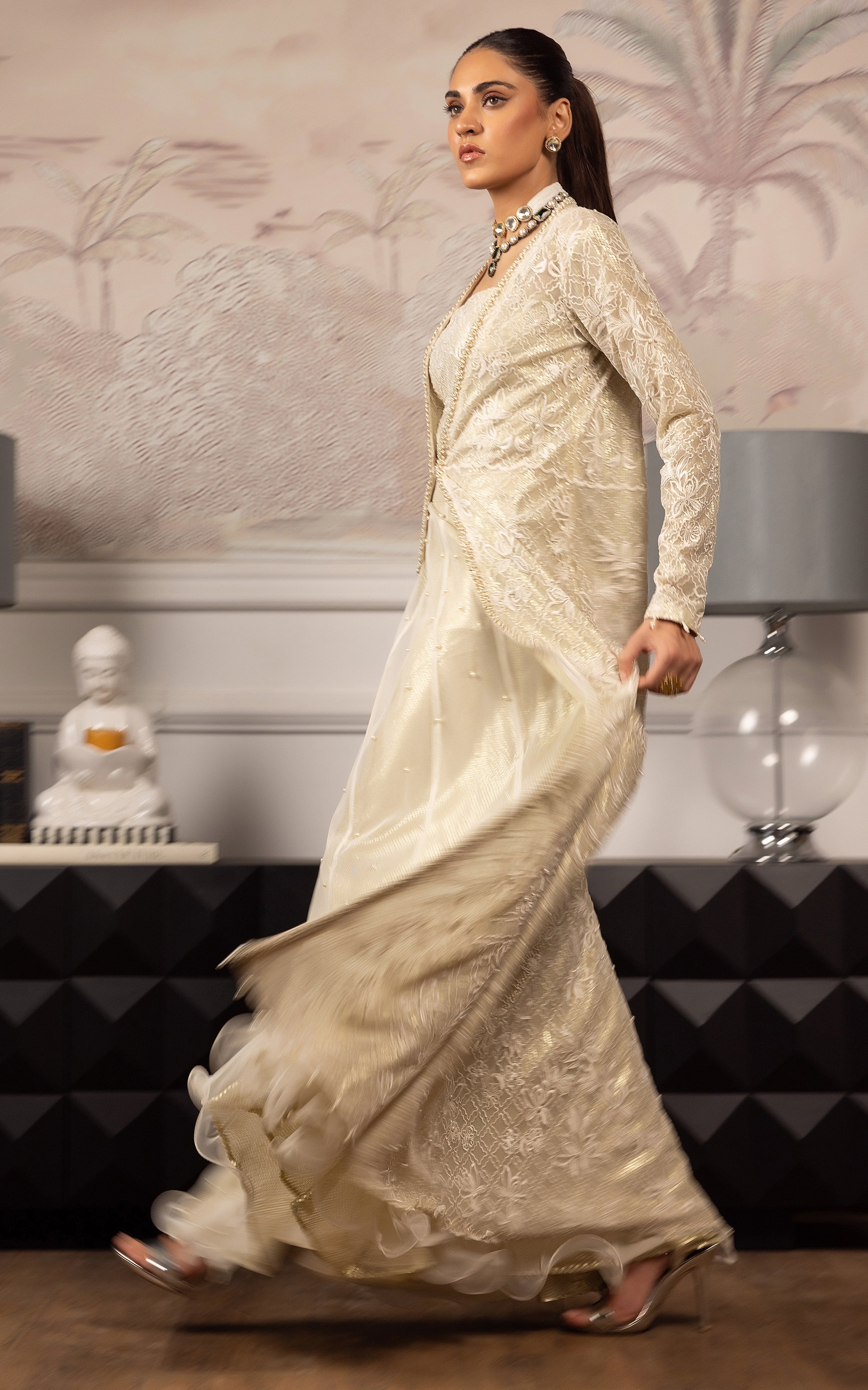 Ivory Embroidered Net Lehenga Jacket Set (3-Piece) - Image 2