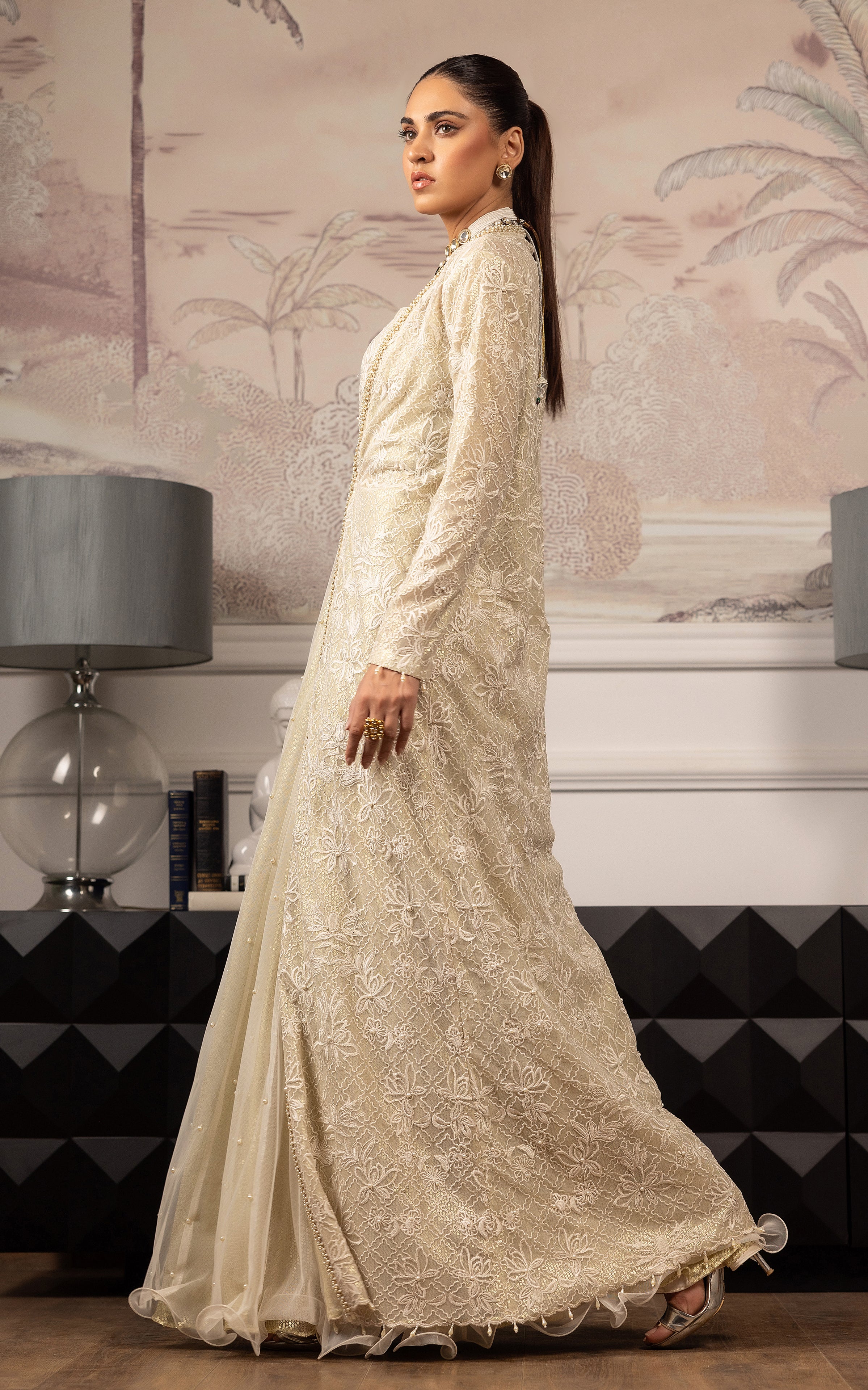Ivory Embroidered Net Lehenga Jacket Set (3-Piece) - Image 3