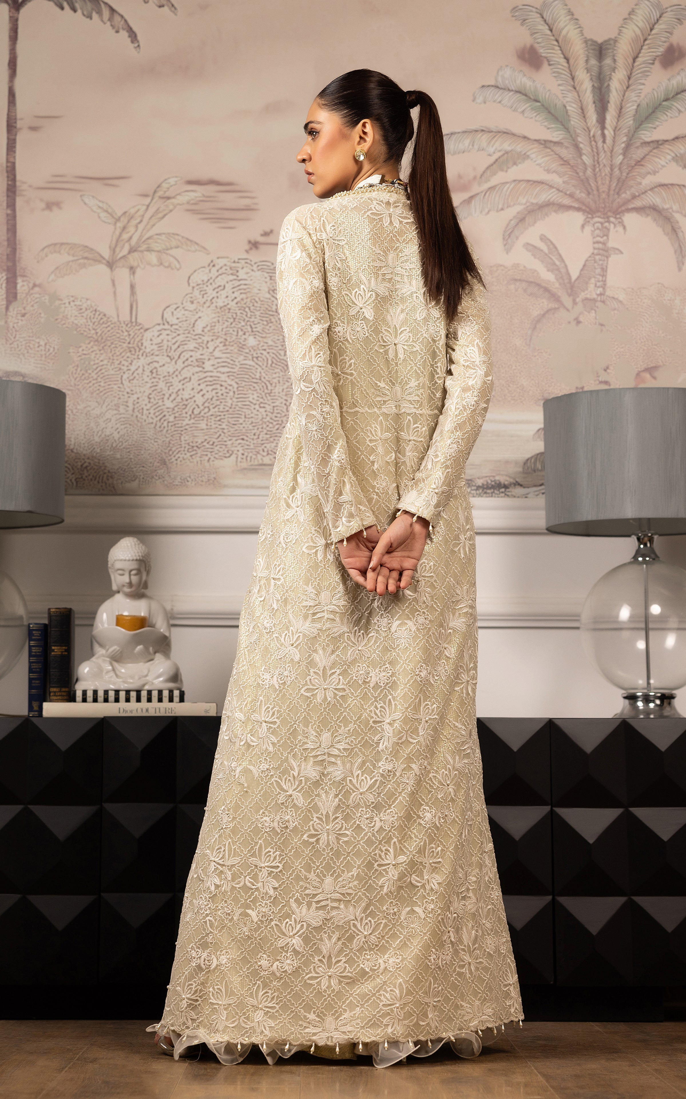 Ivory Embroidered Net Lehenga Jacket Set (3-Piece) - Image 4