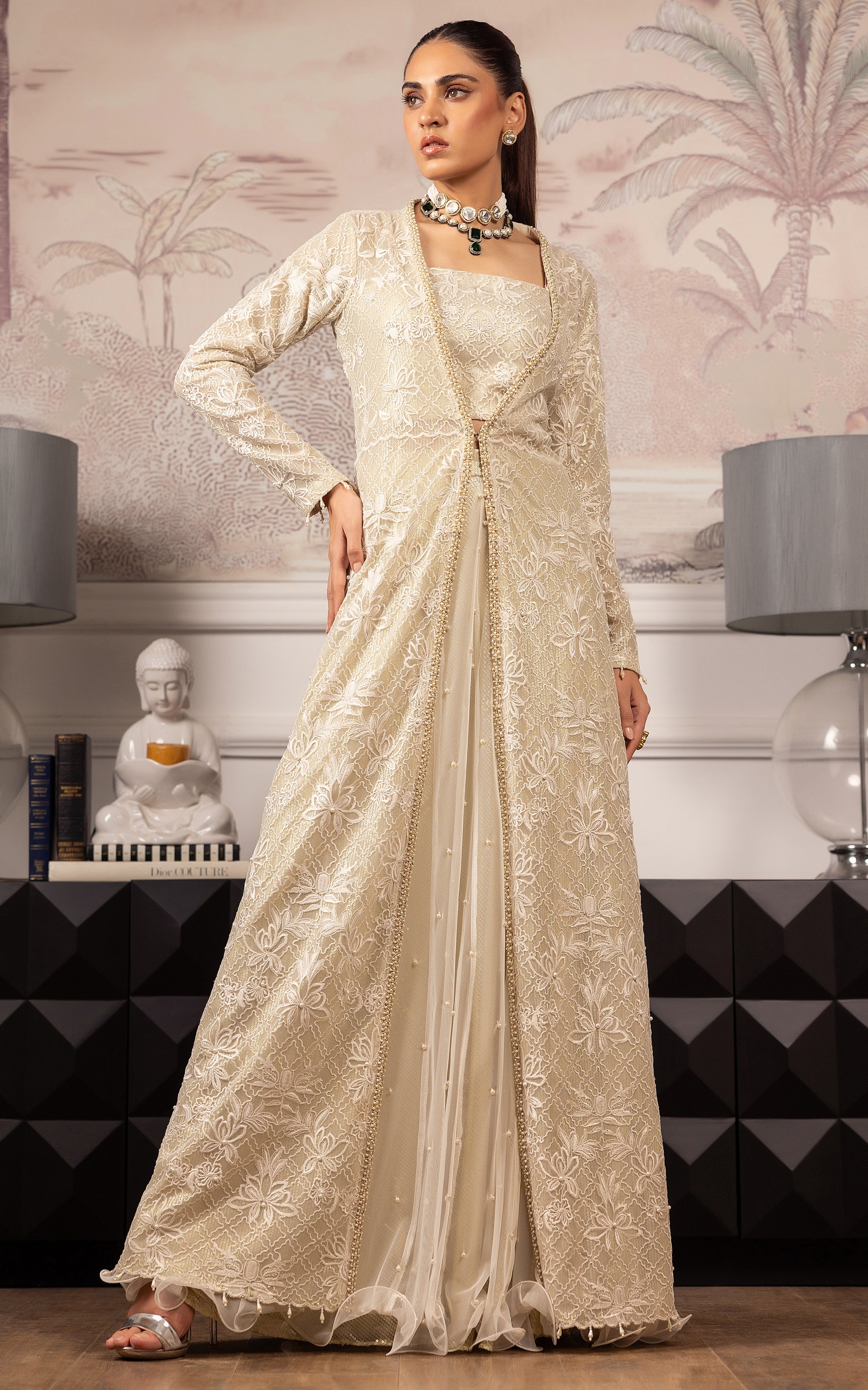 Ivory Embroidered Net Lehenga Jacket Set (3-Piece) - Image 5