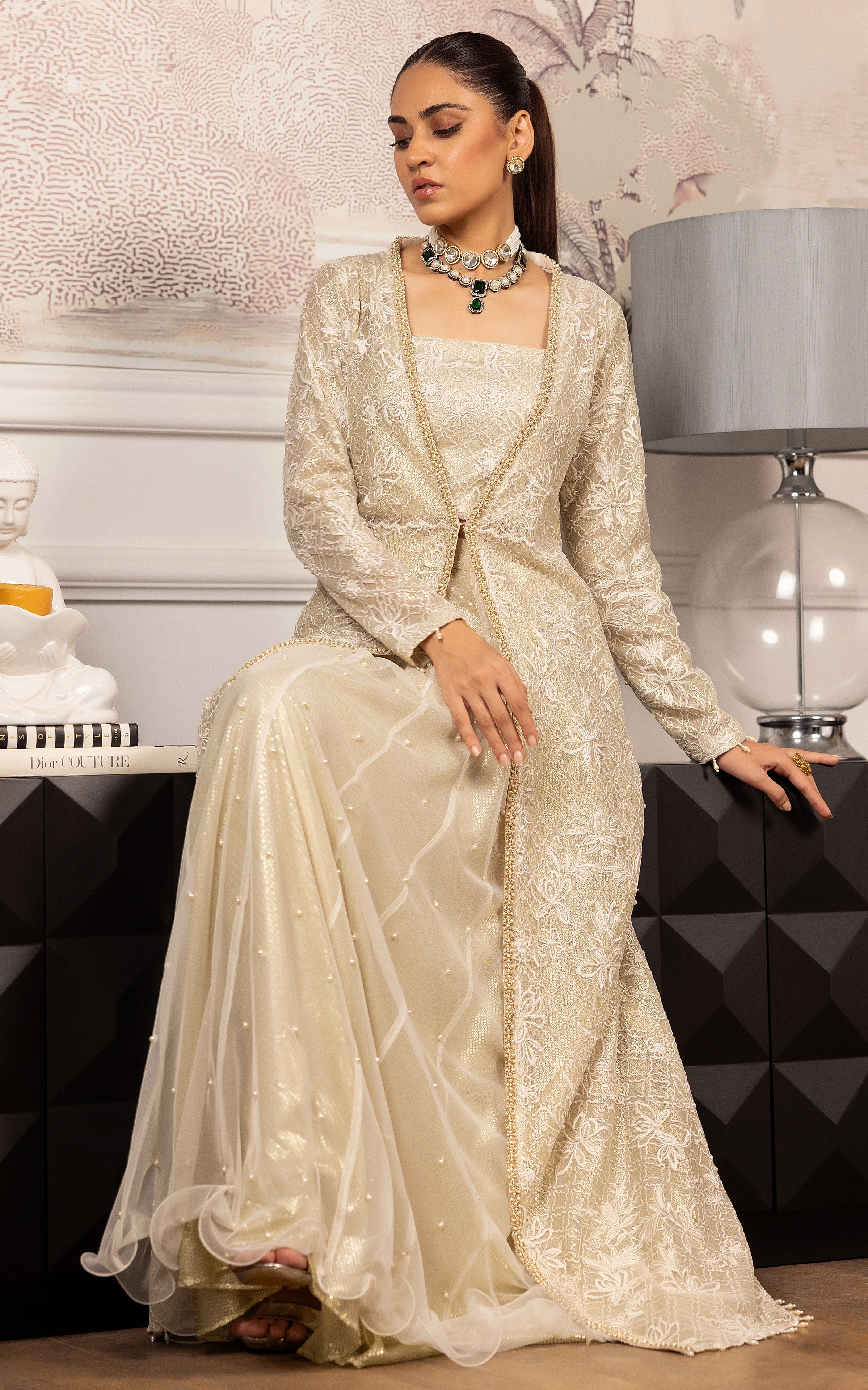 Ivory Embroidered Net Lehenga Jacket Set (3-Piece) - Image 6
