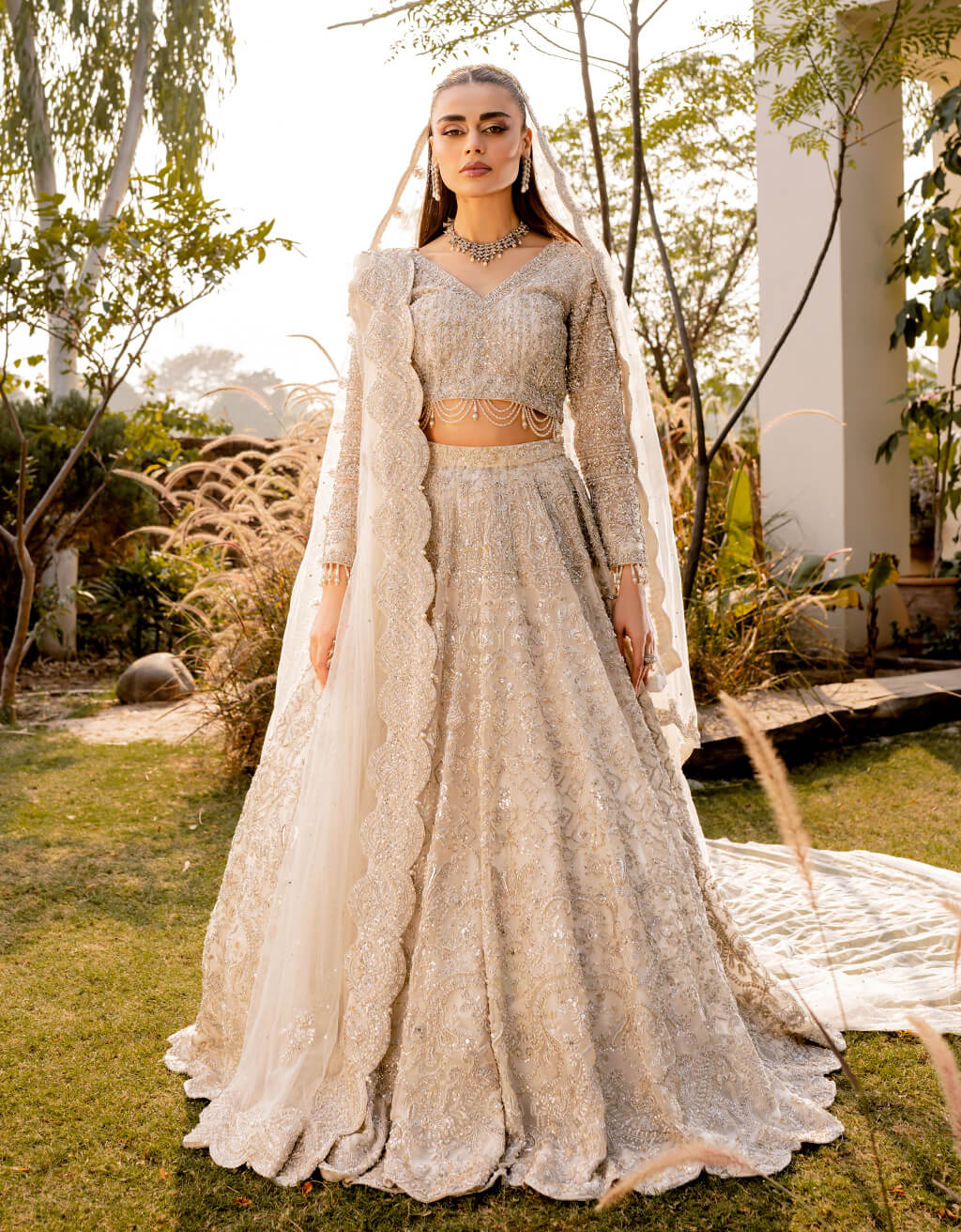 Cream-White Embellished Bridal Lehenga (3-Piece) - Image 1