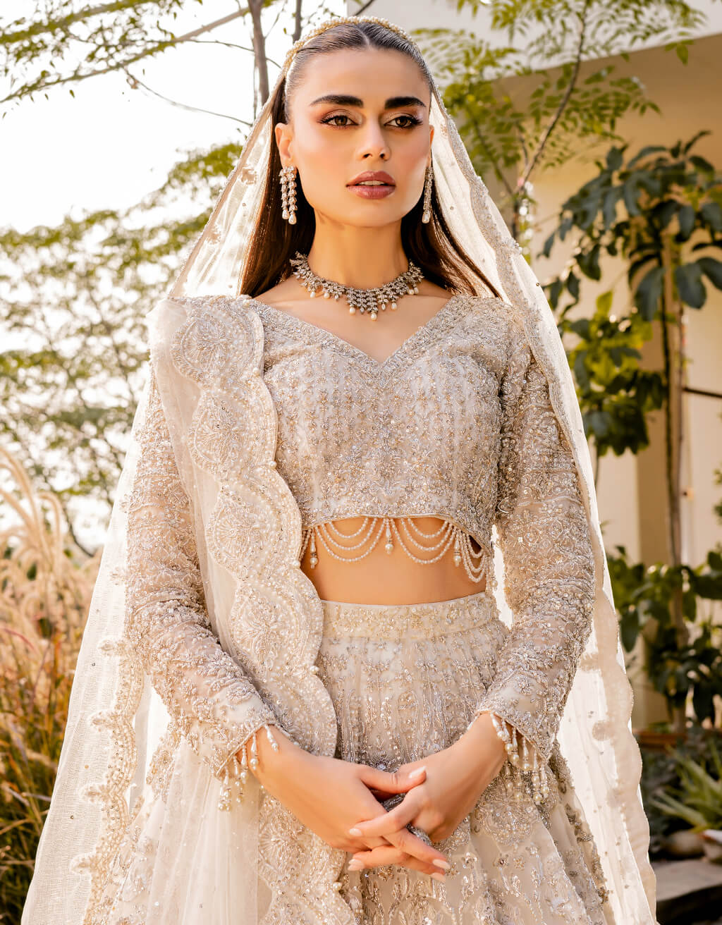Cream-White Embellished Bridal Lehenga (3-Piece) - Image 3