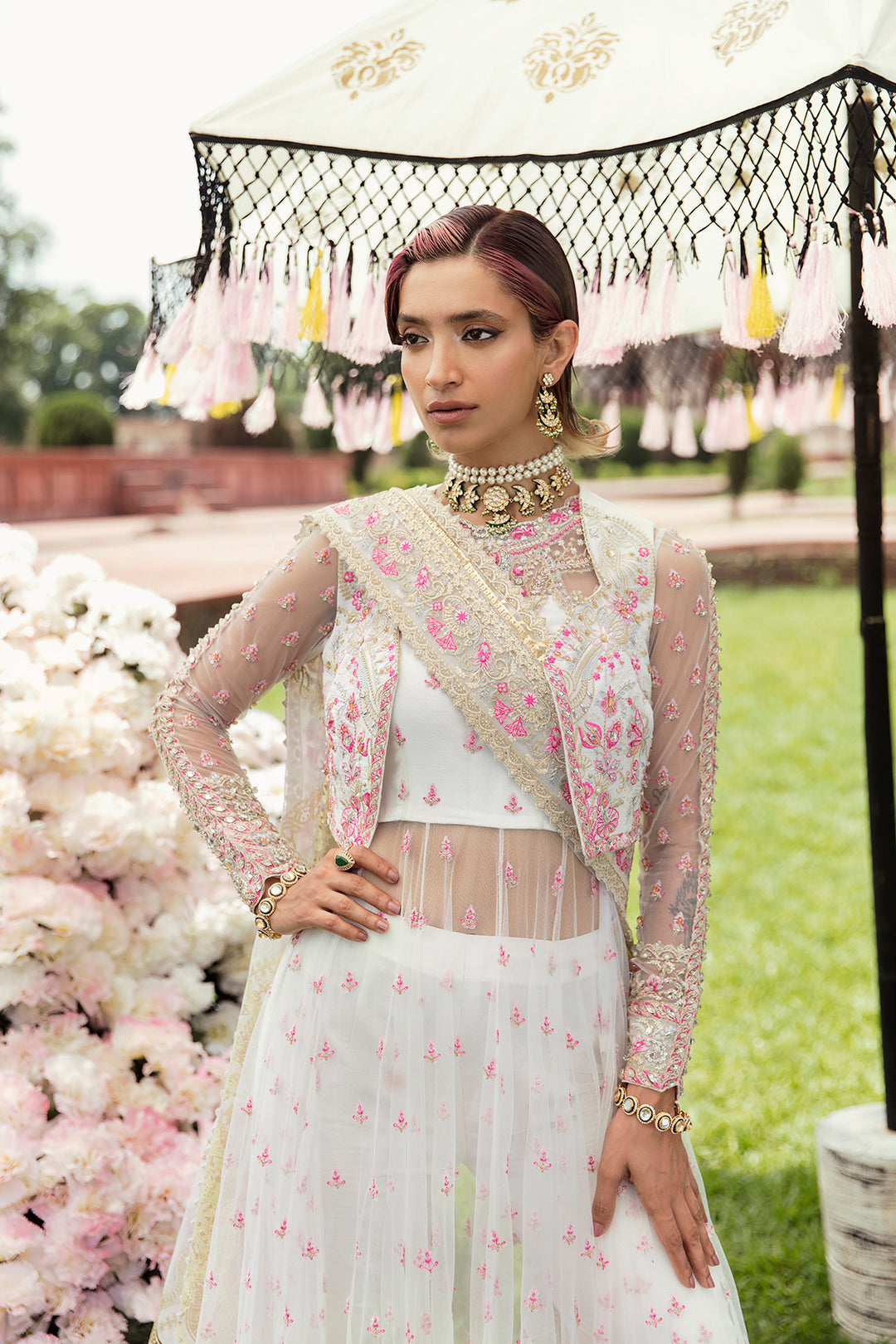 Pakistani Ivory Embroidered Net Lehenga Dress (3-Piece) - Image 2