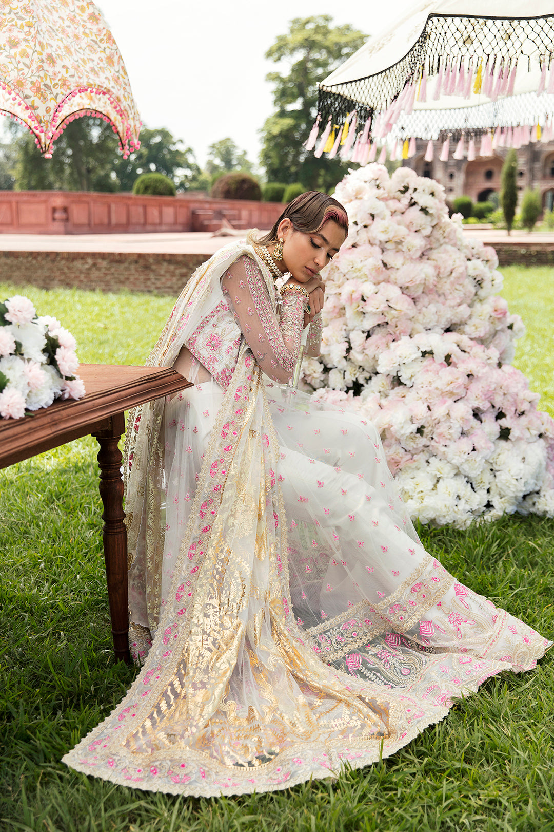 Pakistani Ivory Embroidered Net Lehenga Dress (3-Piece) - Image 3