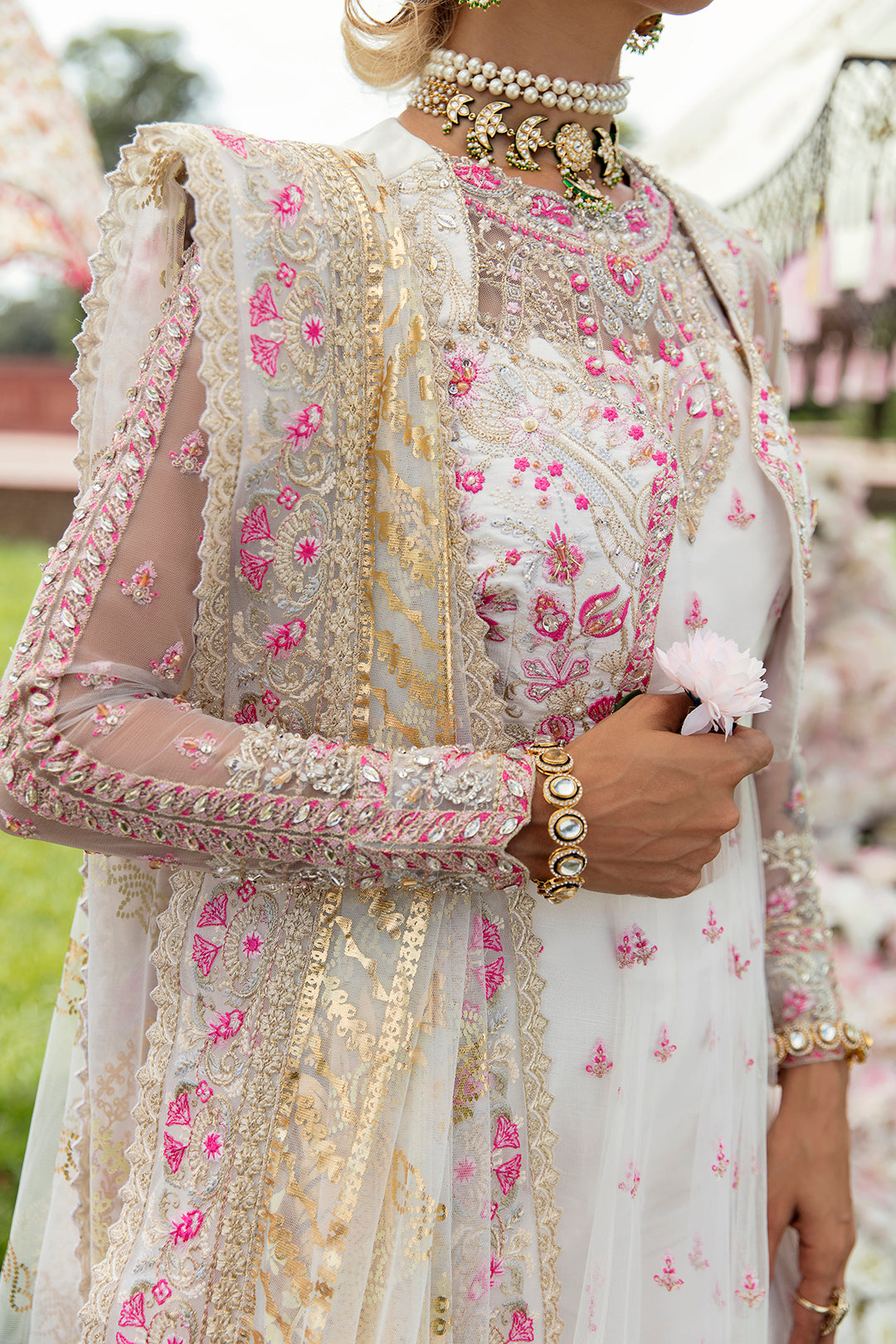 Pakistani Ivory Embroidered Net Lehenga Dress (3-Piece) - Image 4