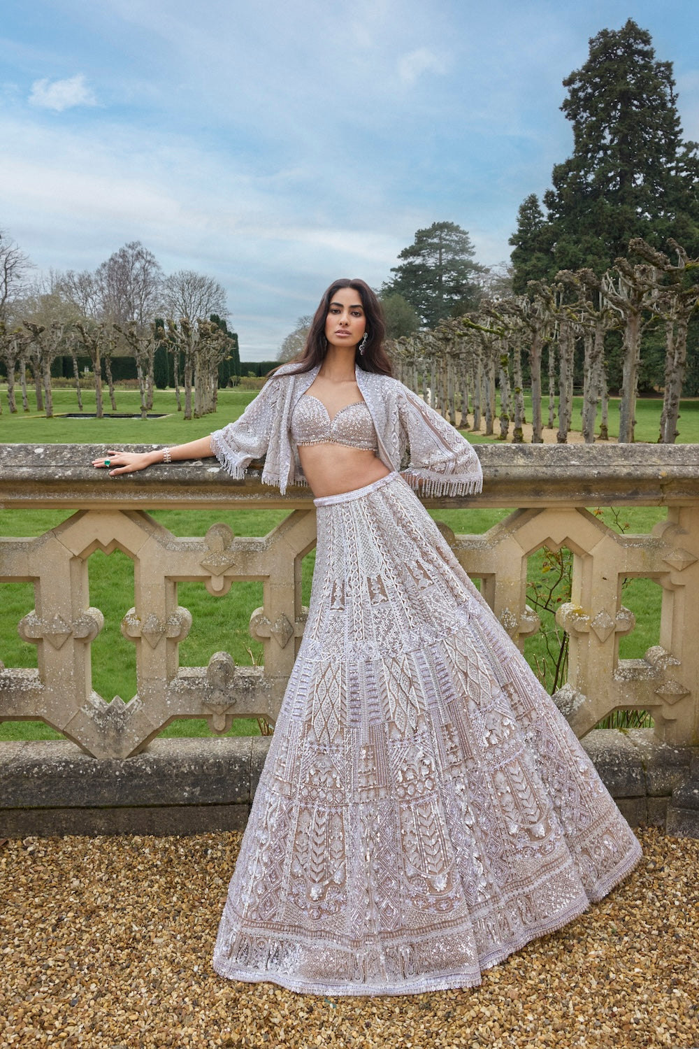 Indian Nude Silver Sequin Crystal Embroidered Net Lehenga (3-Piece) - Image 3