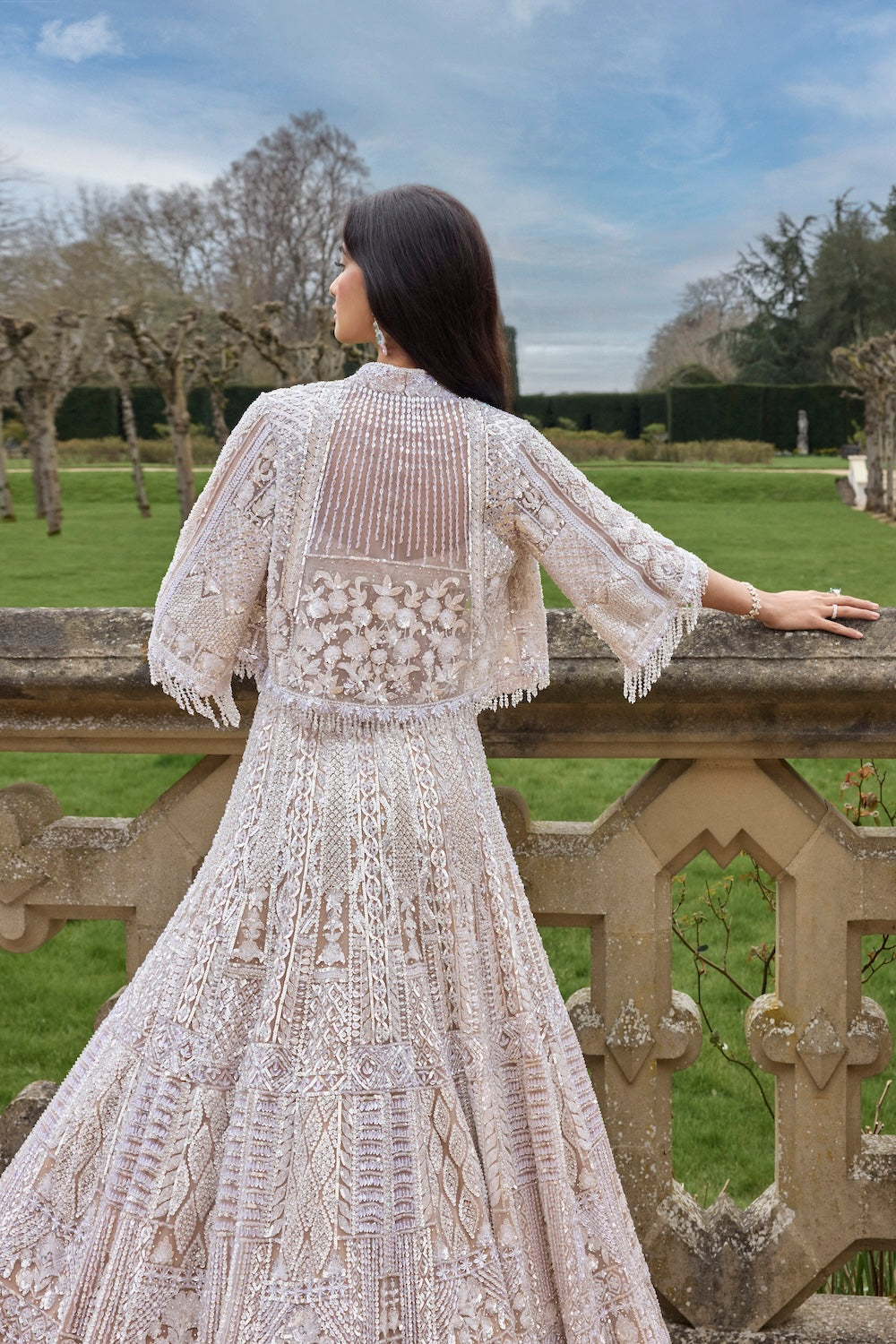 Indian Nude Silver Sequin Crystal Embroidered Net Lehenga (3-Piece) - Image 4