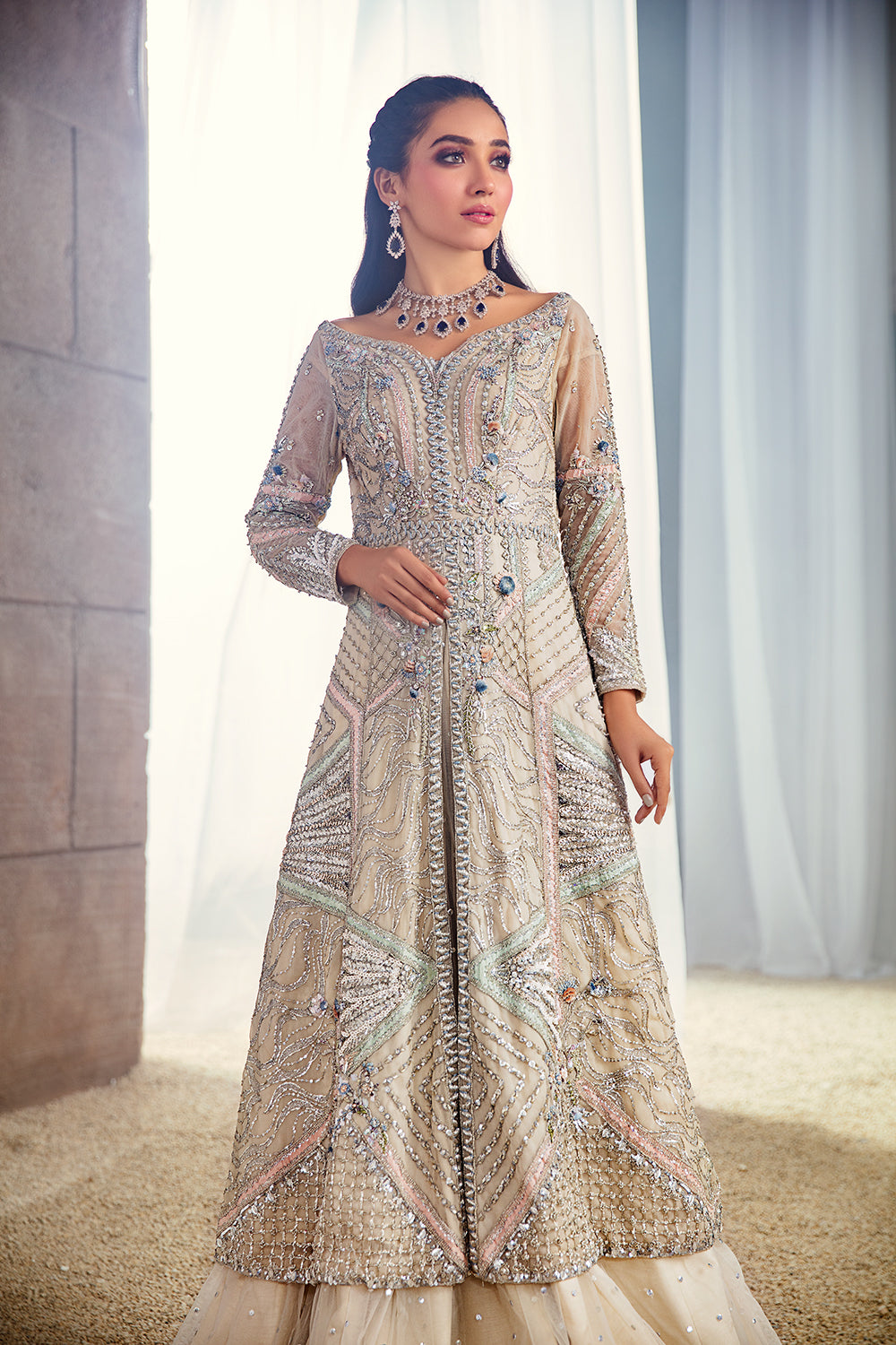 Pakistani Ivory Beige Handworked Net Long Shirt Lehenga (2-Piece) - Image 3