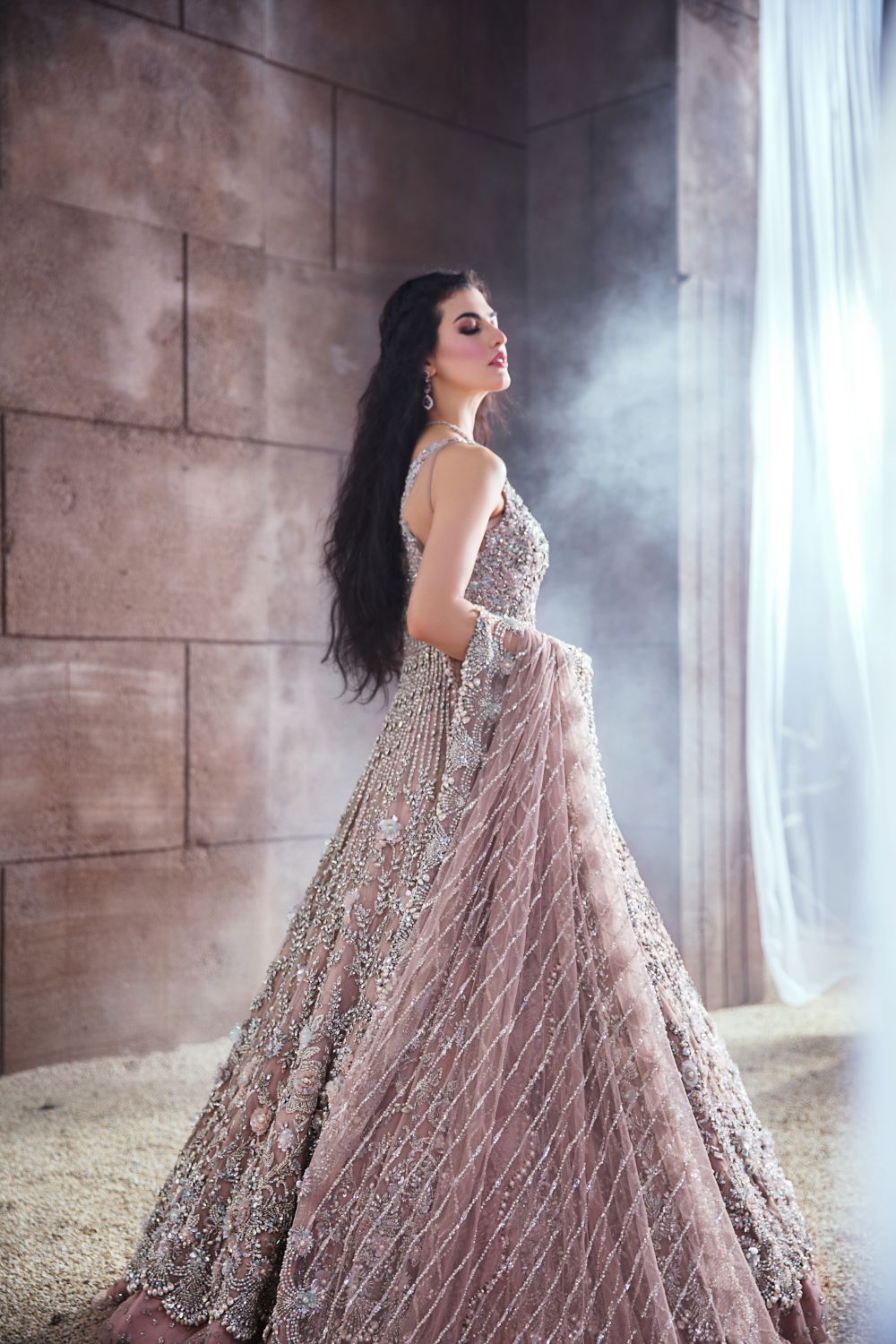 Ivory Embellished Net Front-Open Gown Lehenga (3-Piece) - Image 2