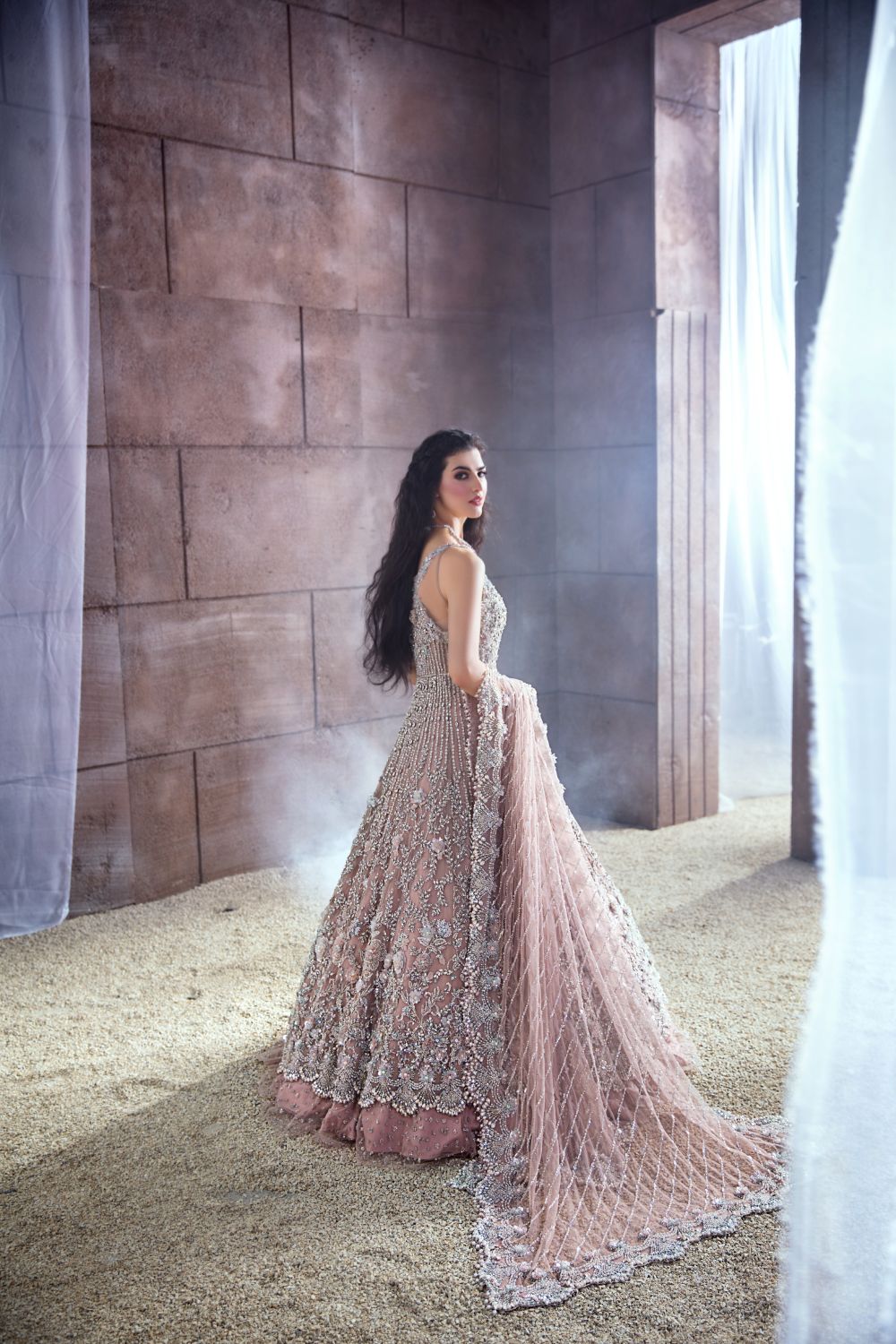 Ivory Embellished Net Front-Open Gown Lehenga (3-Piece) - Image 3