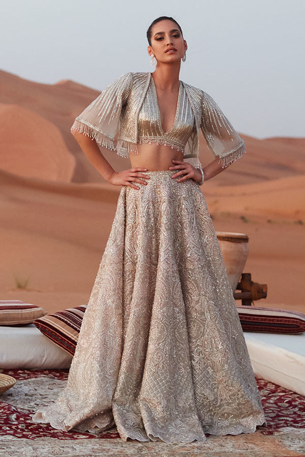 Off-White Pink Embroidered Net Bridal Lehenga (3-Piece) - Image 1