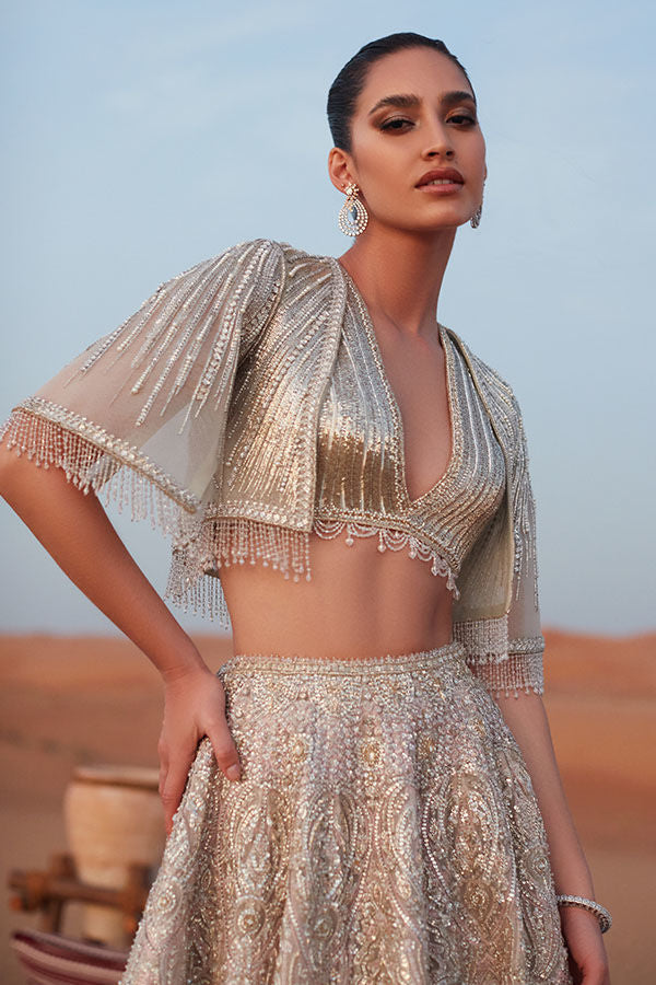 Off-White Pink Embroidered Net Bridal Lehenga (3-Piece) - Image 2