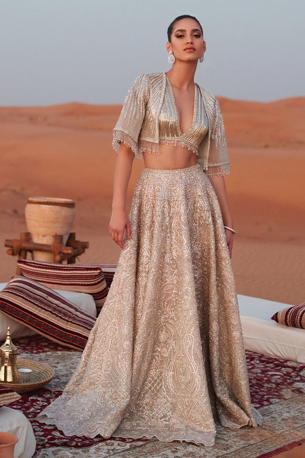 Off-White Pink Embroidered Net Bridal Lehenga (3-Piece) - Image 3