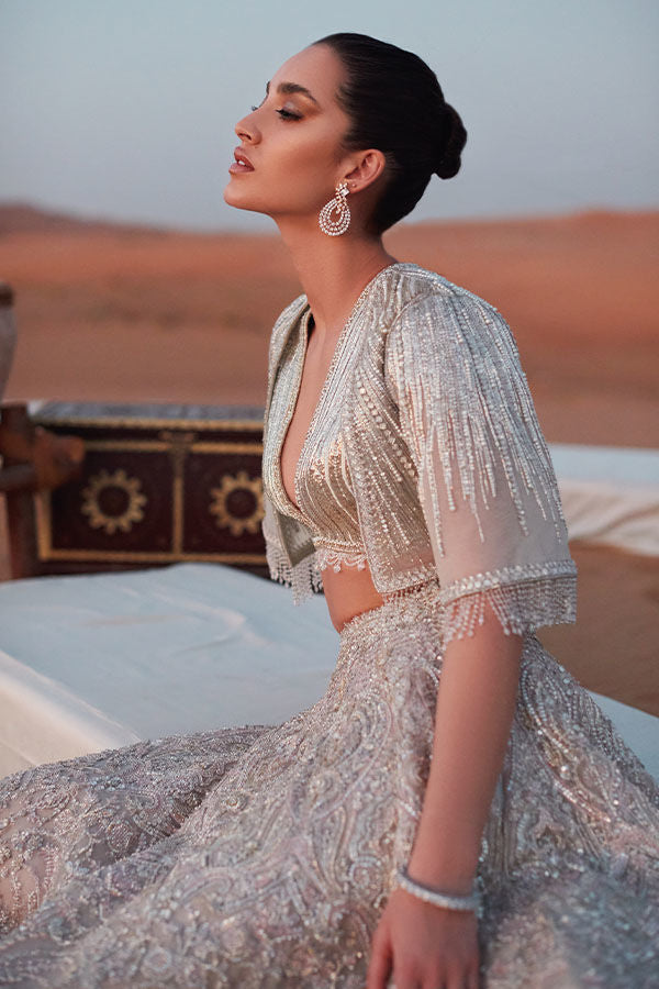 Off-White Pink Embroidered Net Bridal Lehenga (3-Piece) - Image 4