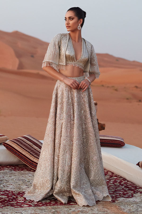 Off-White Pink Embroidered Net Bridal Lehenga (3-Piece) - Image 5