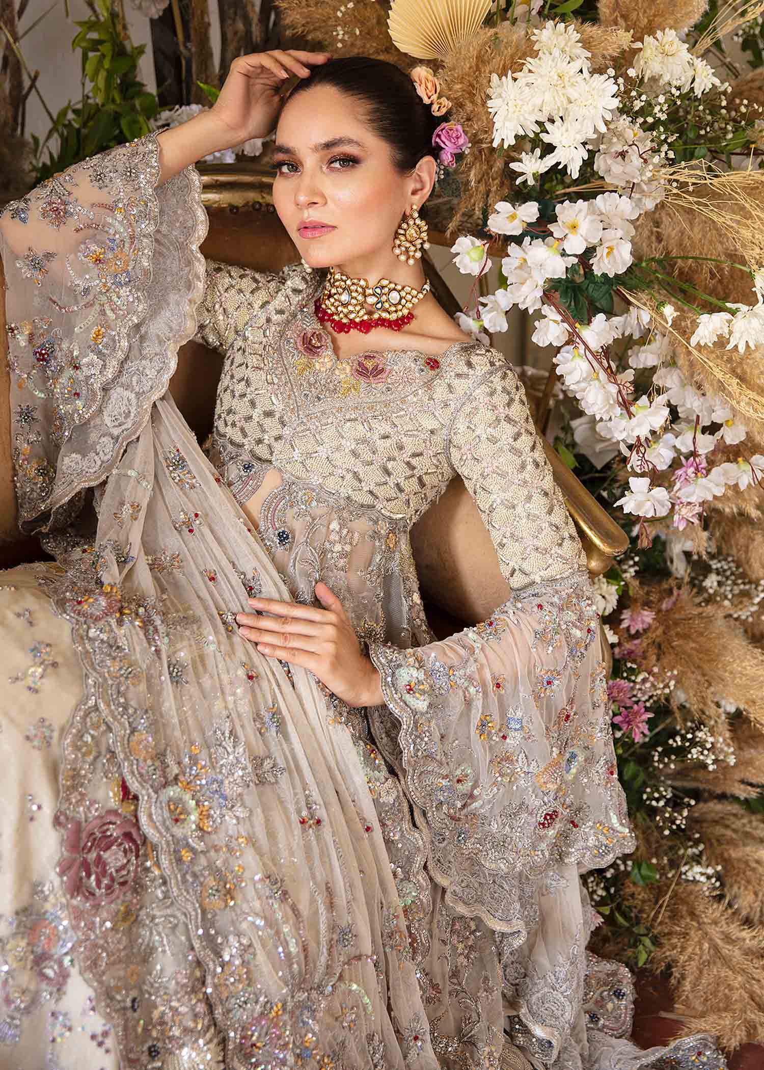 Pakistani Ivory Silver Embroidered Net Bridal Lehenga (3-Piece) - Image 2