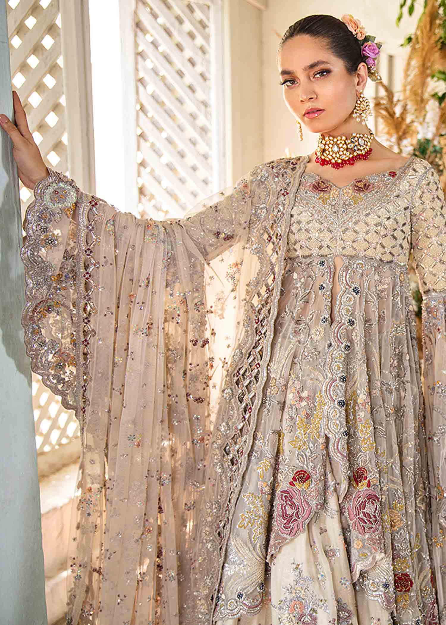 Pakistani Ivory Silver Embroidered Net Bridal Lehenga (3-Piece) - Image 3