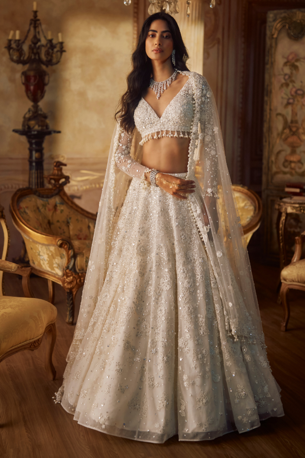 Ivory Embroidered Net Lehenga Set (3-Piece) - Image 2