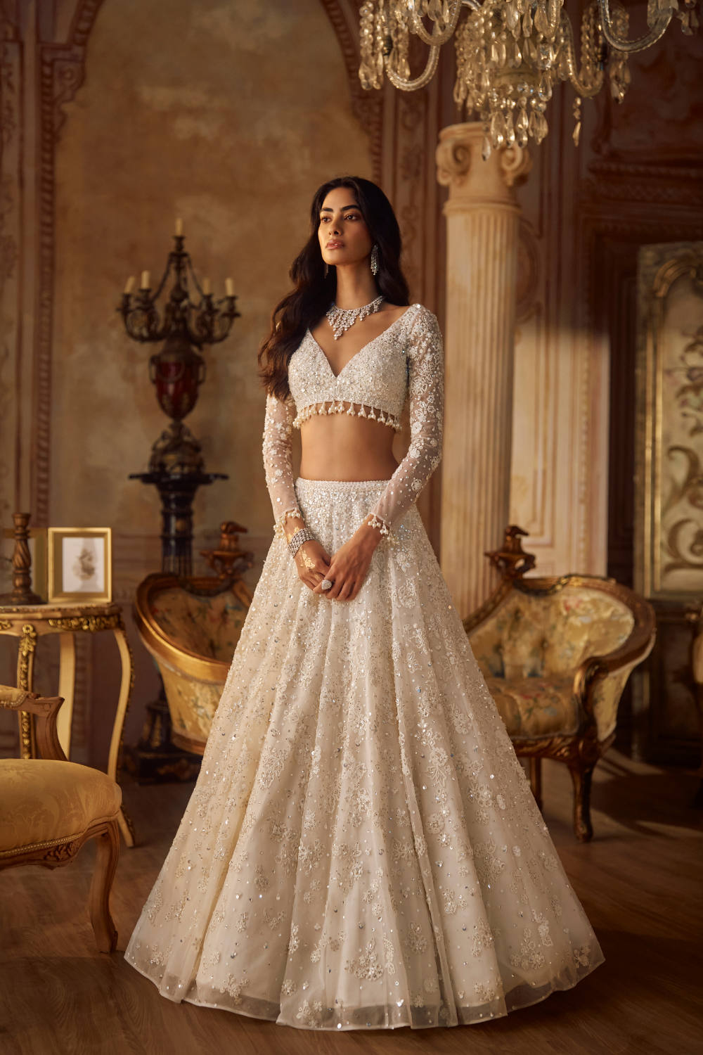 Ivory Embroidered Net Lehenga Set (3-Piece) - Image 3