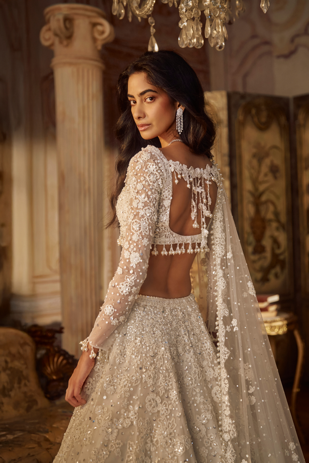 Ivory Embroidered Net Lehenga Set (3-Piece) - Image 5