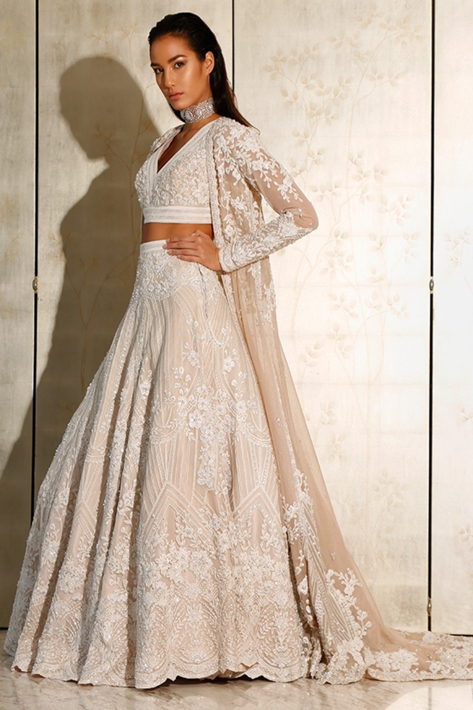 Ivory Beige Embroidered Net Lehenga Choli (3-Piece) - Image 1