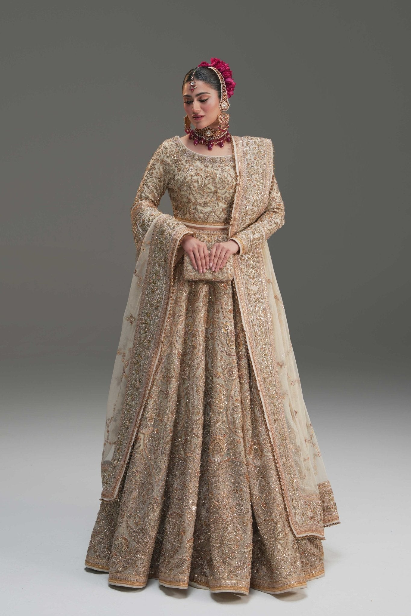 Ivory Embroidered Net Lehenga Choli (3-Piece) - Image 2