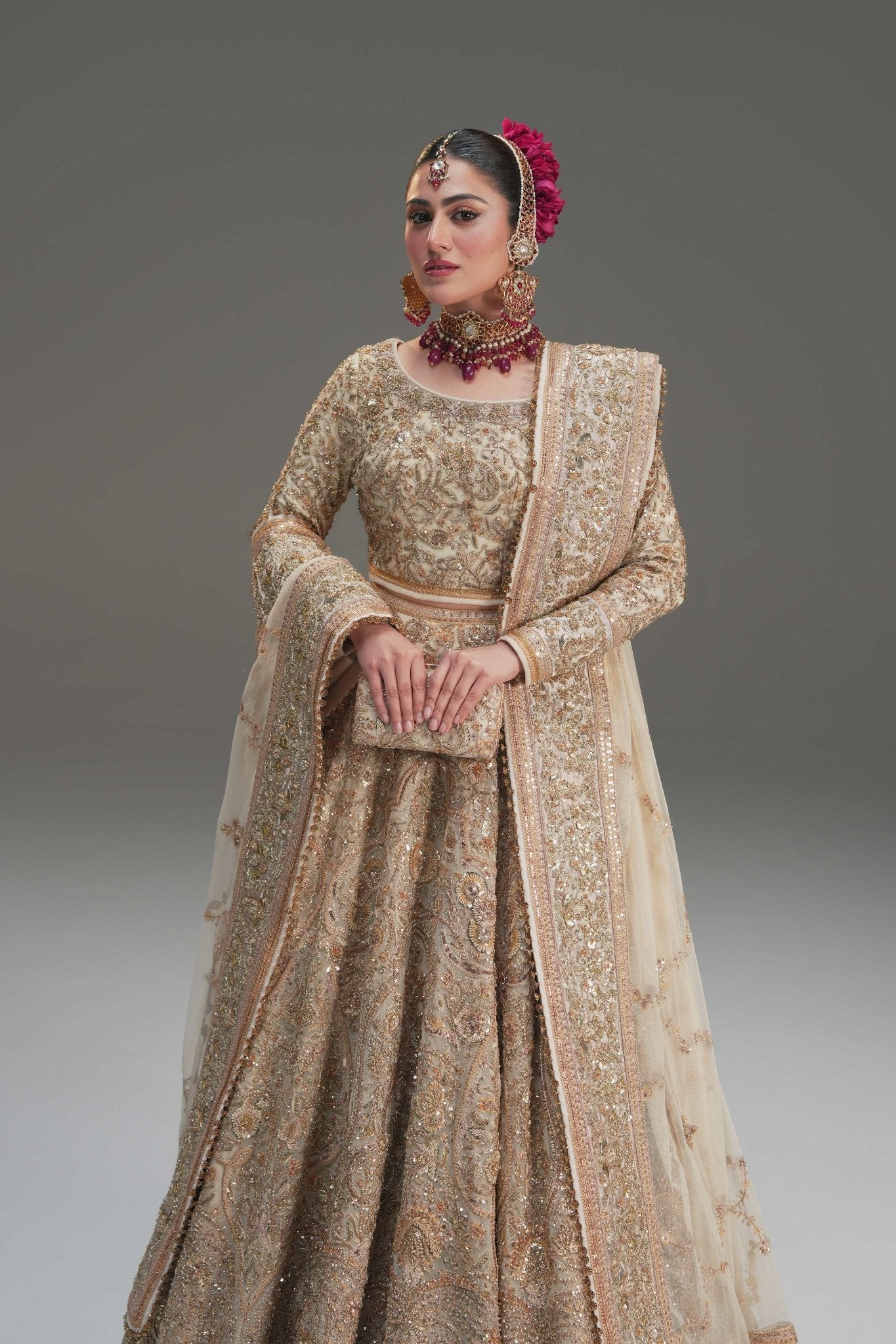 Ivory Embroidered Net Lehenga Choli (3-Piece) - Image 4