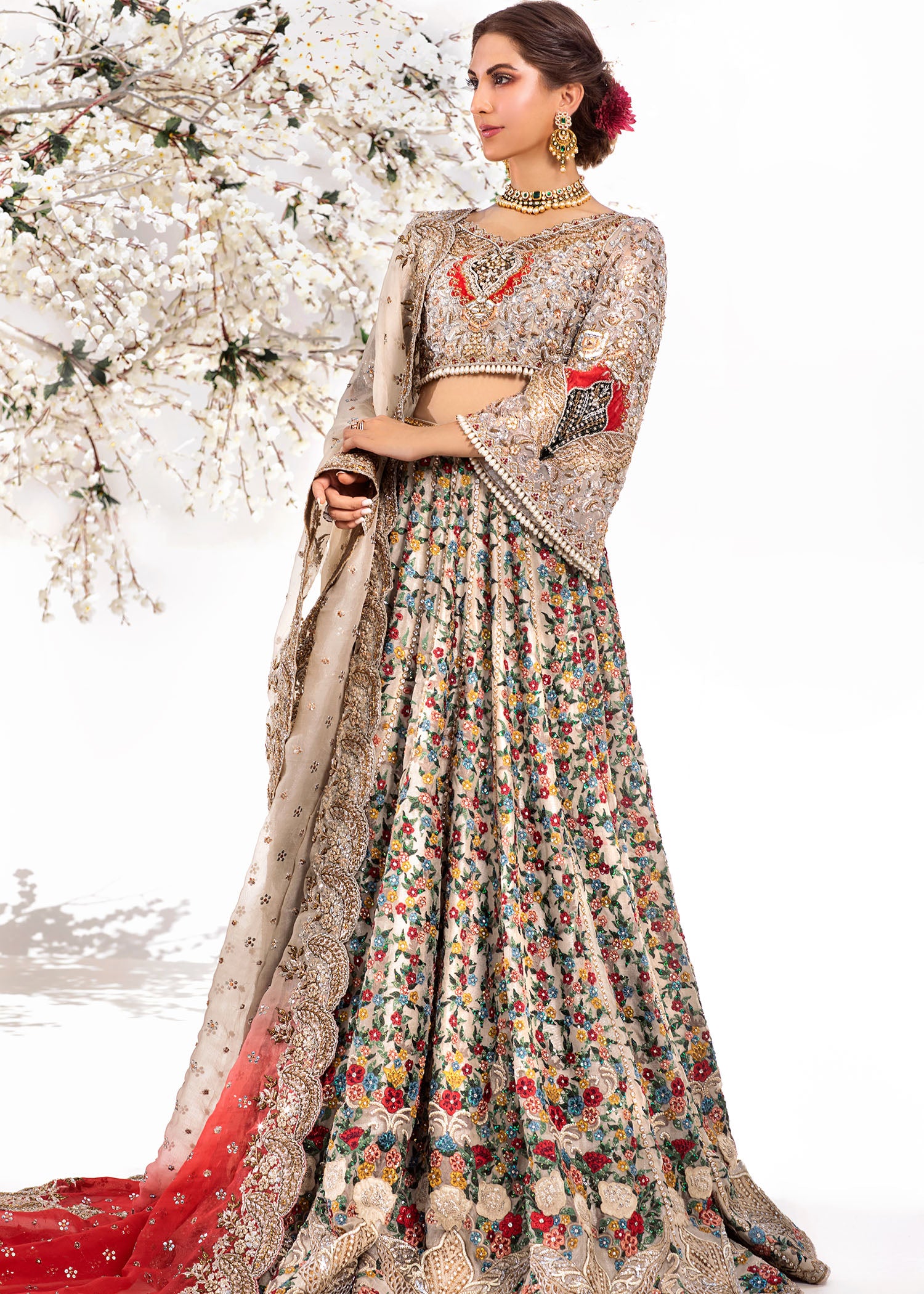 Ivory Multi-Colour Embroidered Lehenga (3-Piece) - Image 1