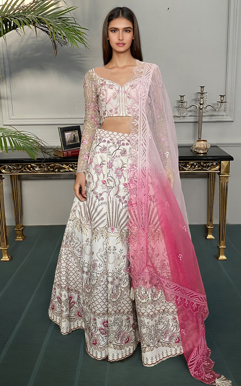 Ivory Pink Embroidered Net Lehenga (3-Piece) - Image 1