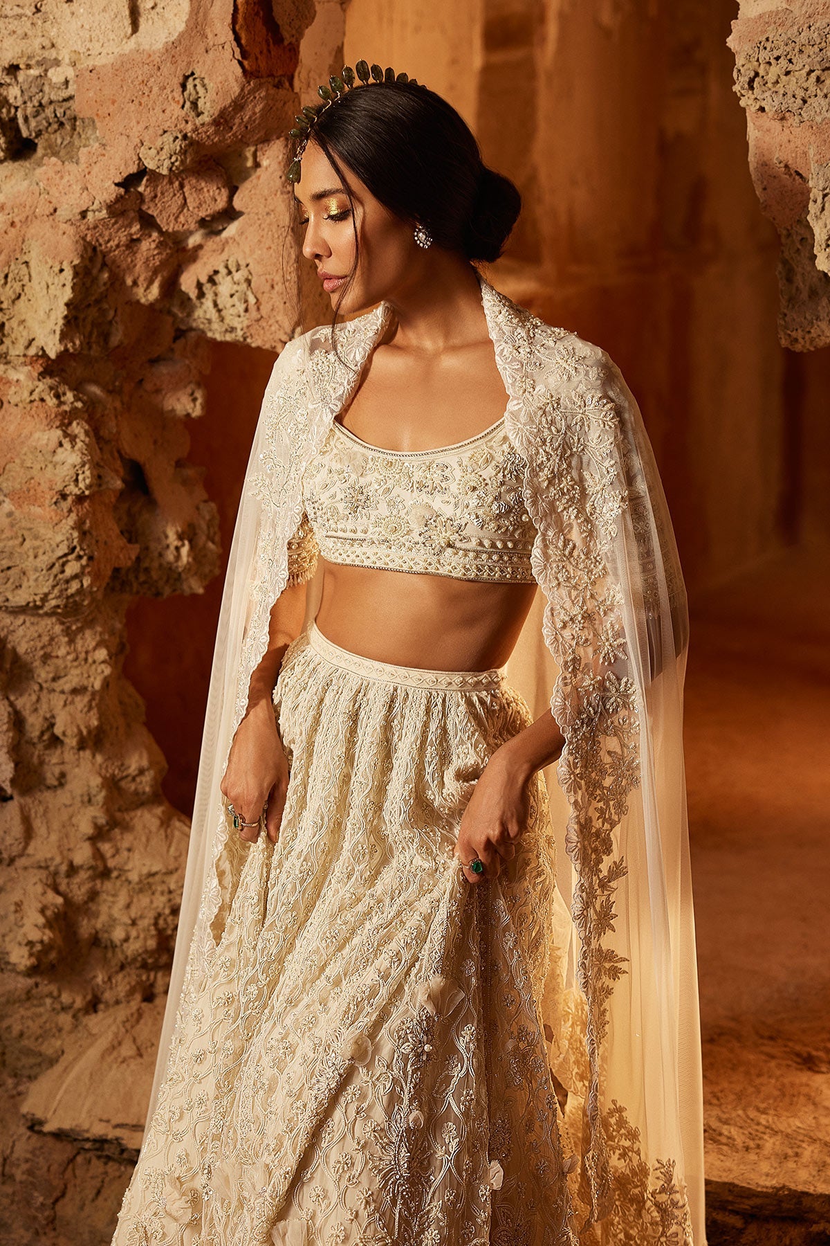 Ivory Embroidered Net Lehenga Set (3-Piece) - Image 1