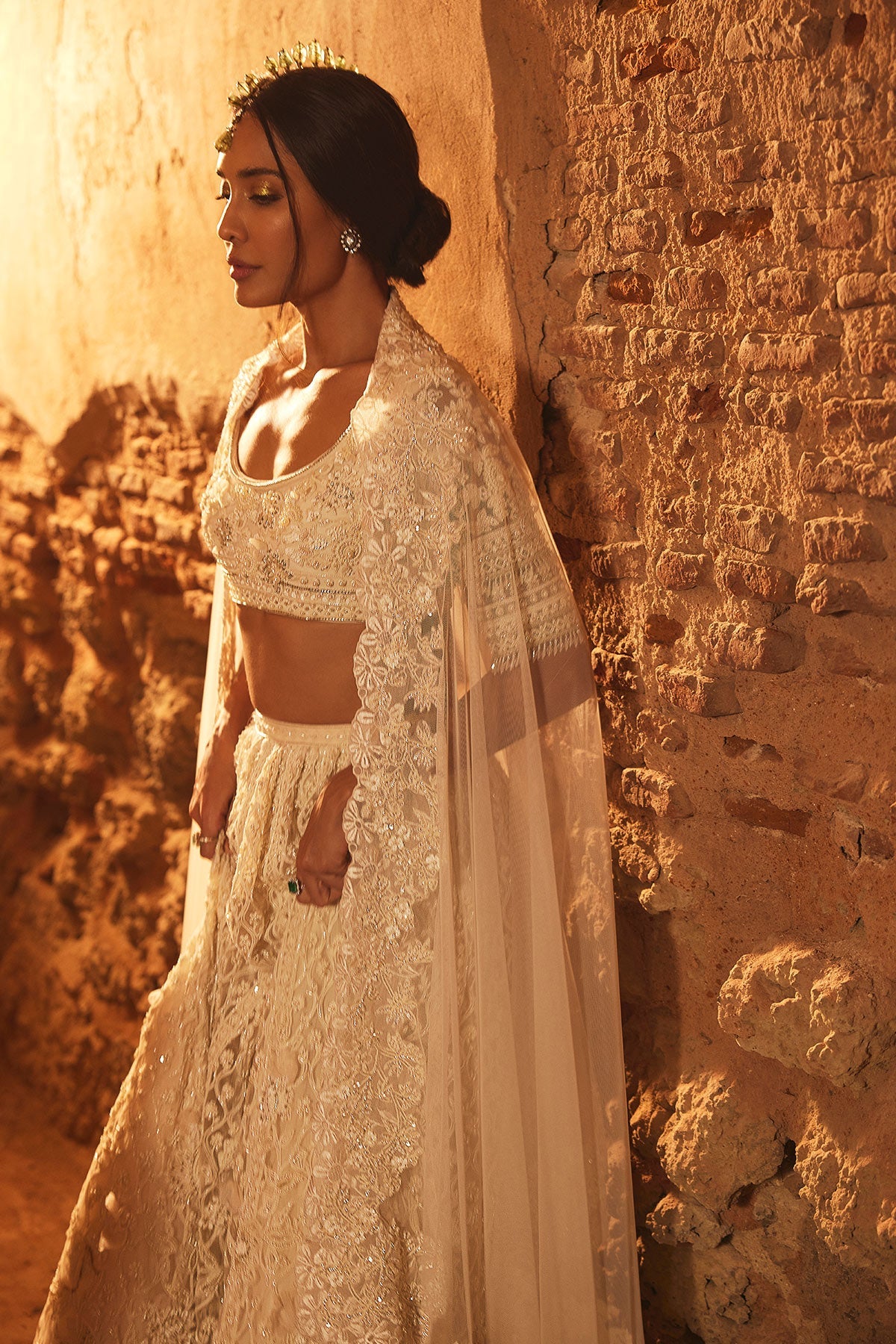 Ivory Embroidered Net Lehenga Set (3-Piece) - Image 2