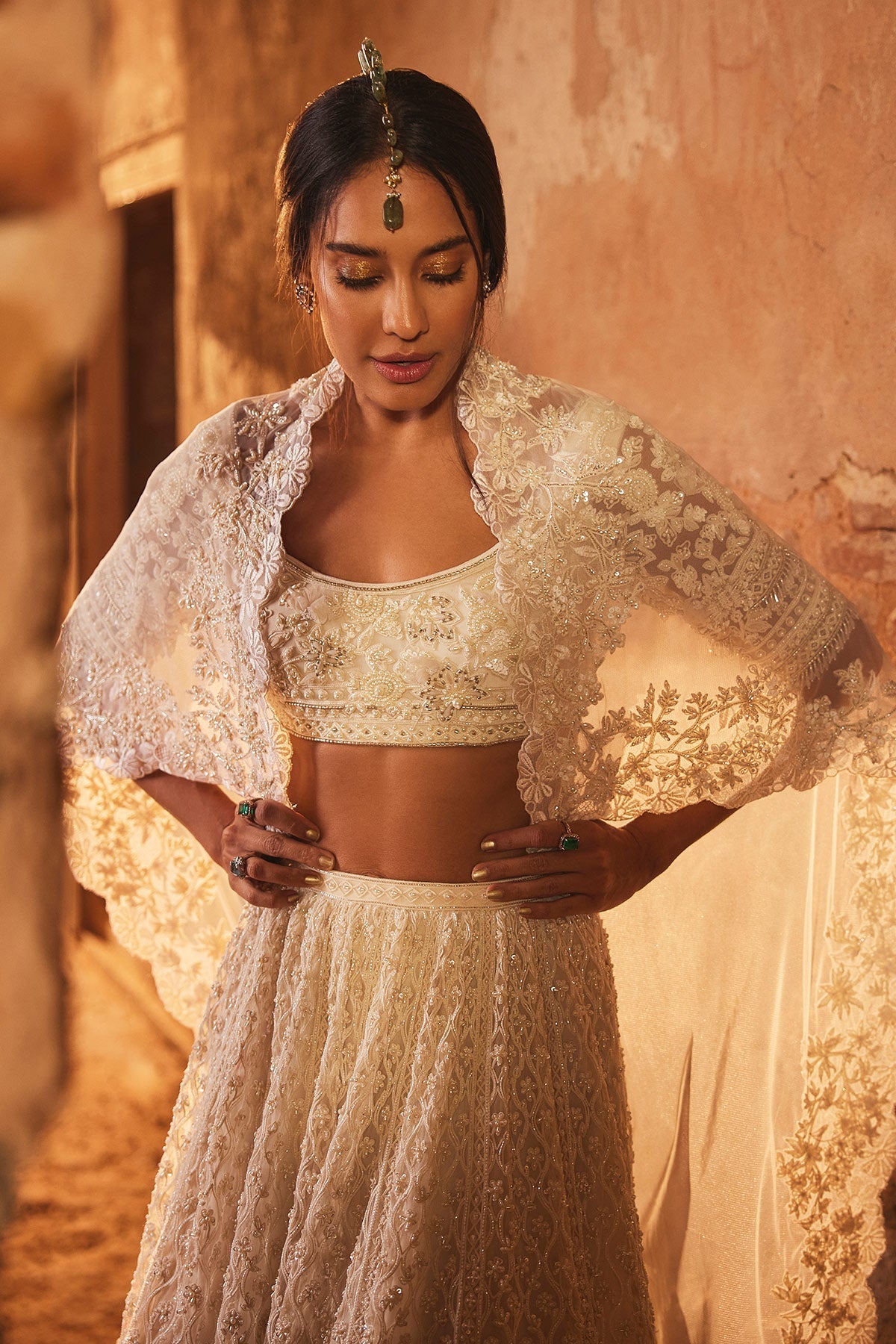 Ivory Embroidered Net Lehenga Set (3-Piece) - Image 3