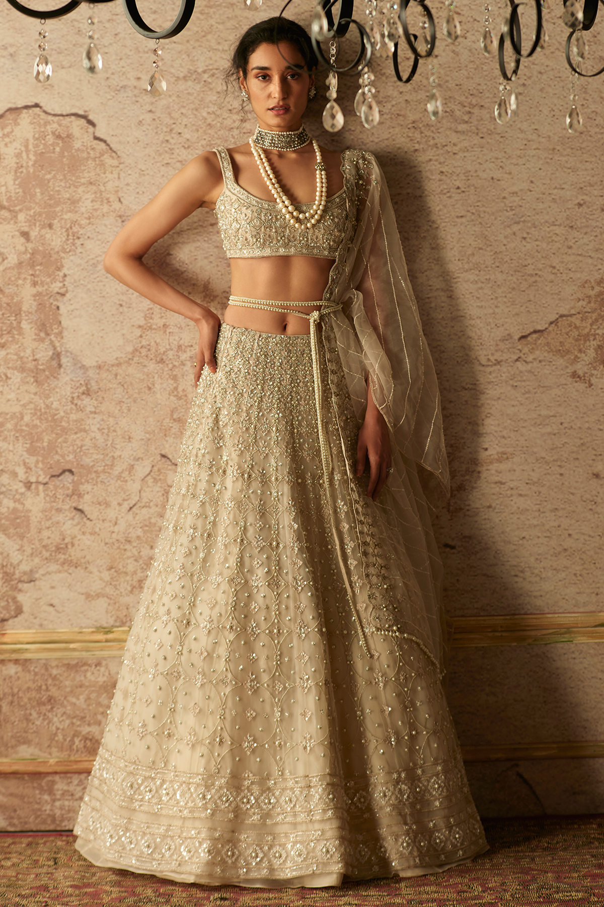 Dirty Ivory Embroidered Net Lehenga Set (3-Piece) - Image 1