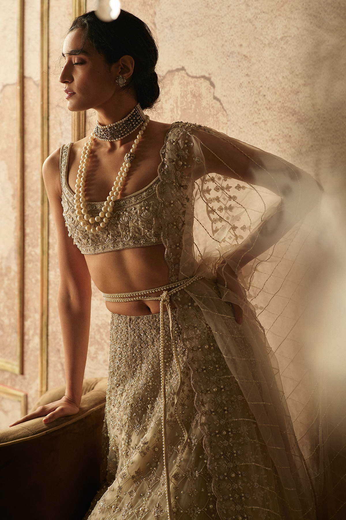 Dirty Ivory Embroidered Net Lehenga Set (3-Piece) - Image 3