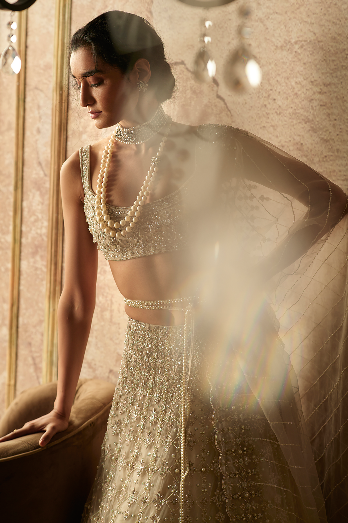 Dirty Ivory Embroidered Net Lehenga Set (3-Piece) - Image 4