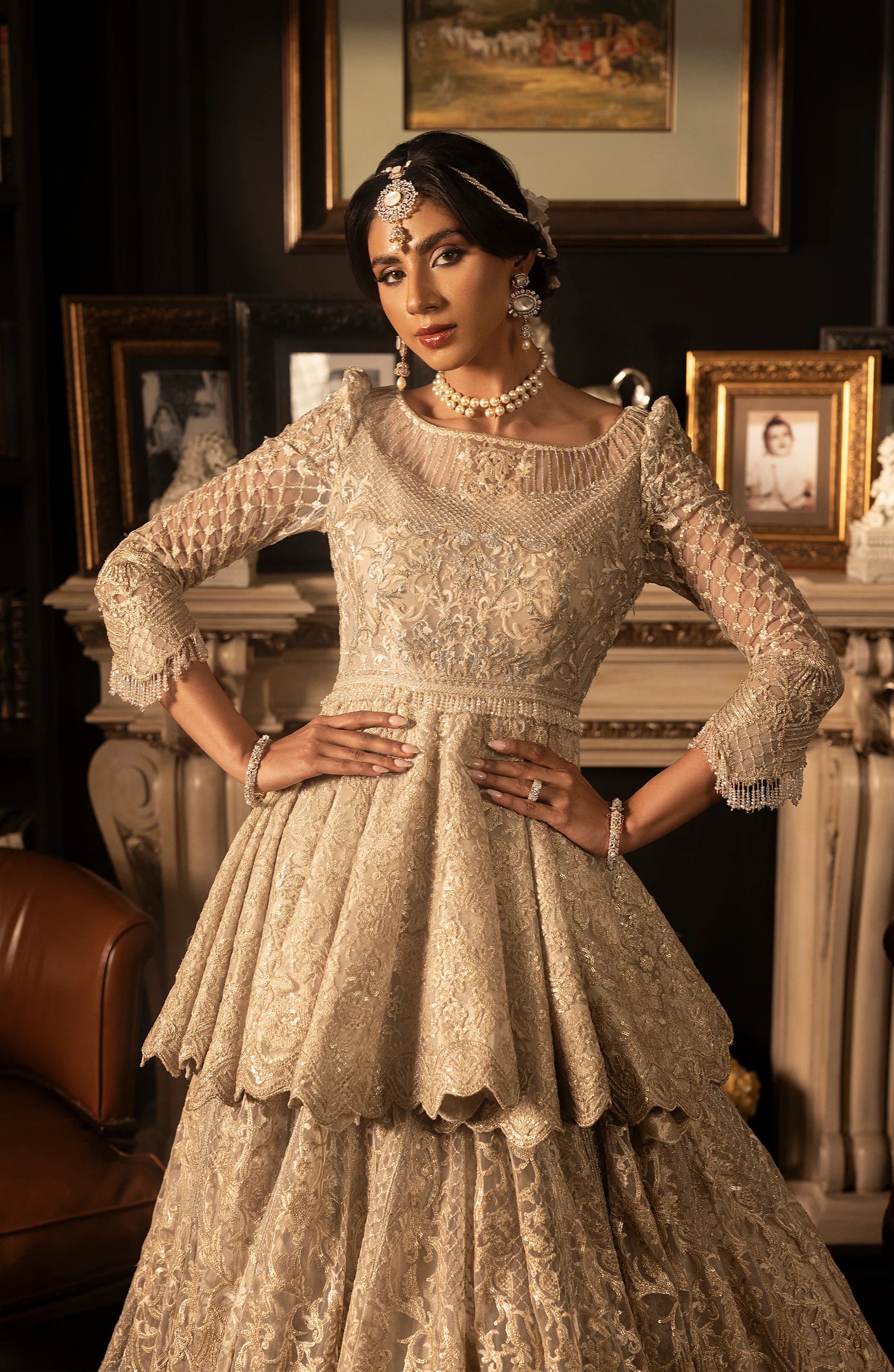 Ivory Embroidered Net Peplum Lehenga (3-Piece) - Image 1