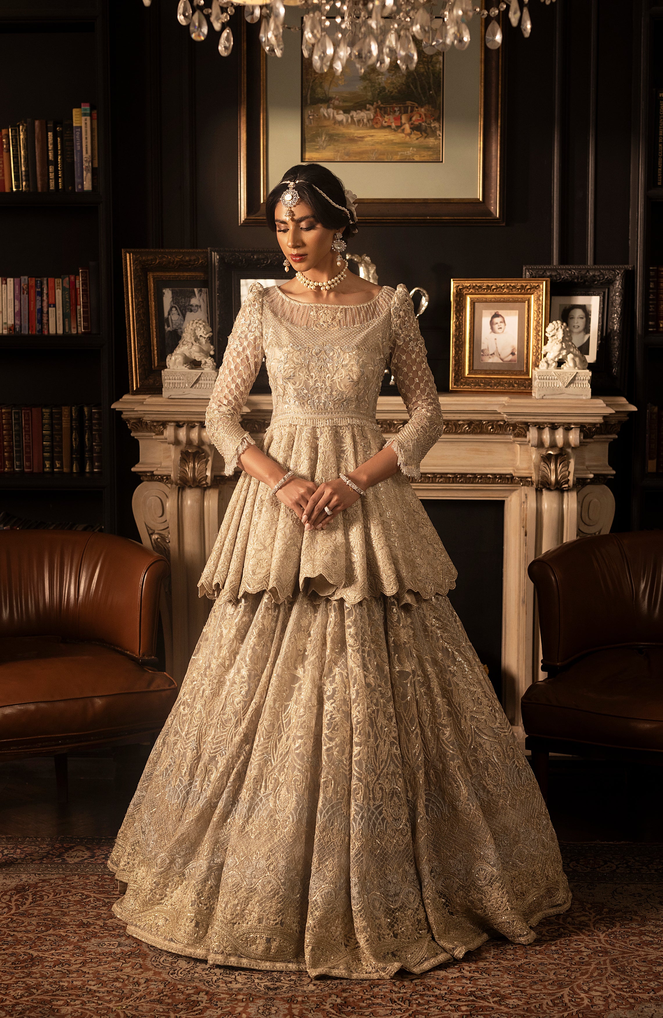 Ivory Embroidered Net Peplum Lehenga (3-Piece) - Image 4