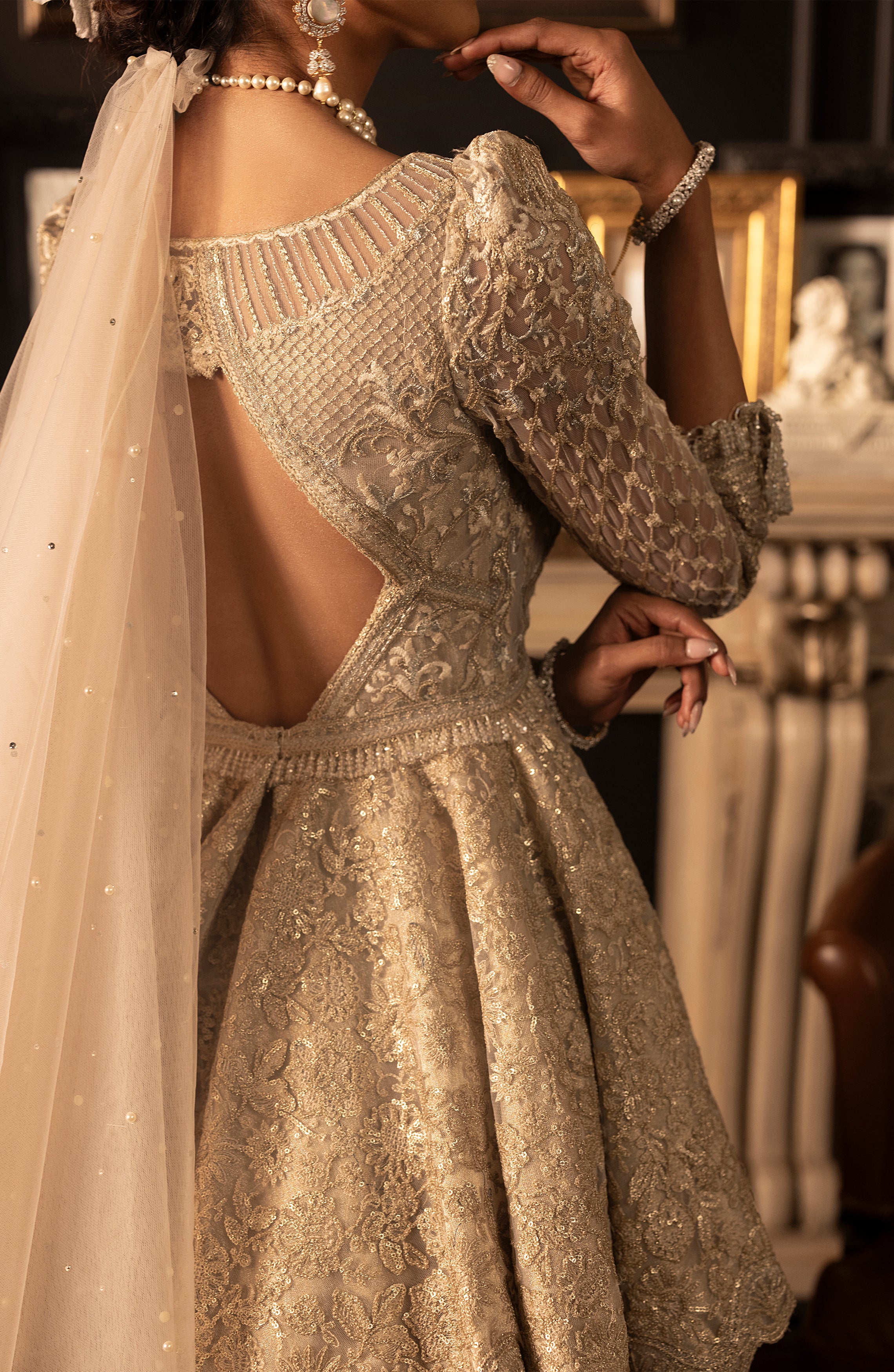 Ivory Embroidered Net Peplum Lehenga (3-Piece) - Image 8