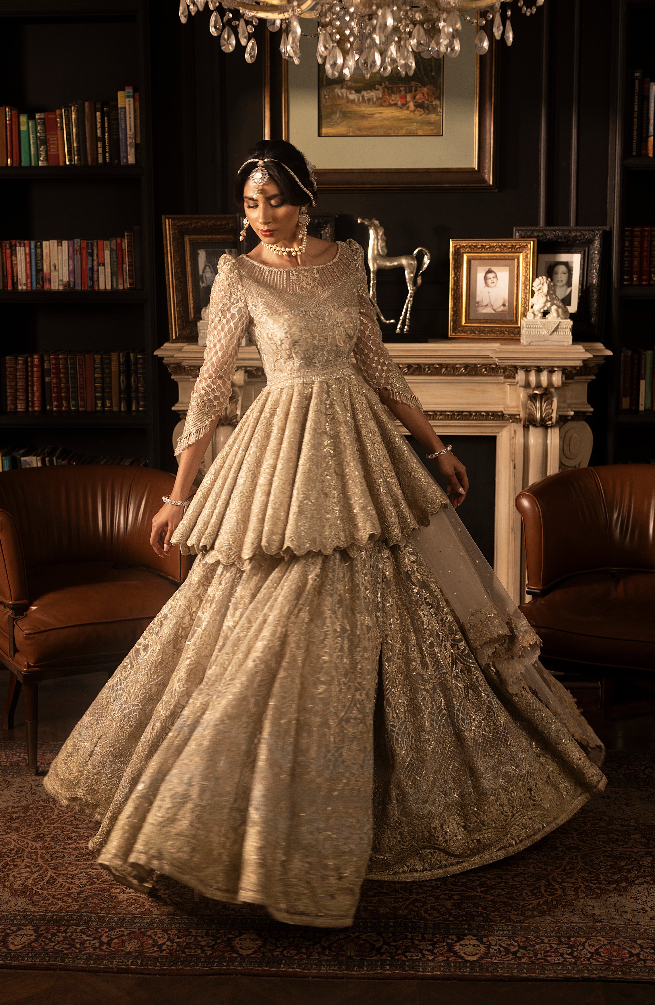 Ivory Embroidered Net Peplum Lehenga (3-Piece) - Image 9