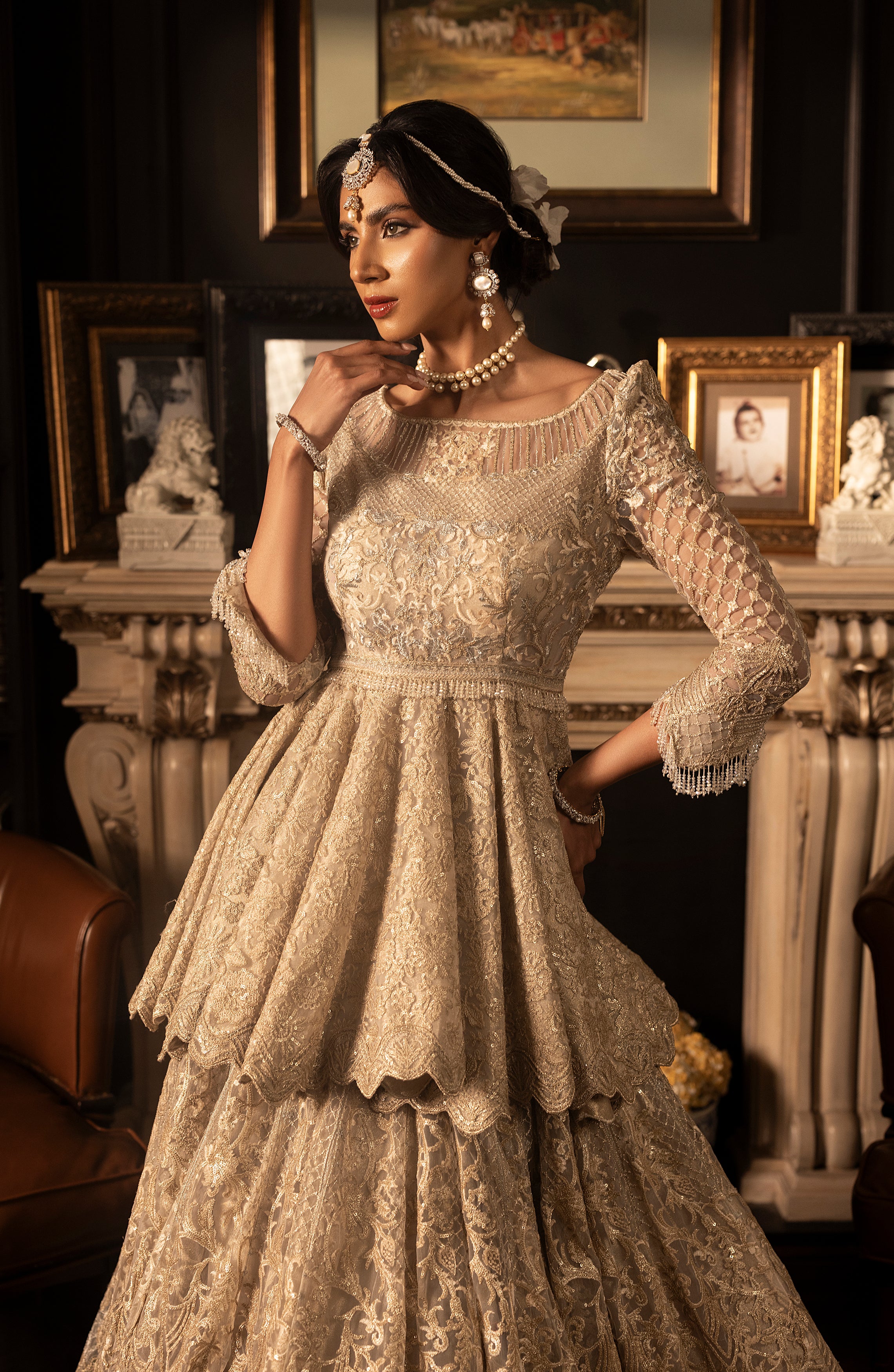 Pakistani Ivory Embroidered Net Peplum Lehenga (3-Piece) - Image 5