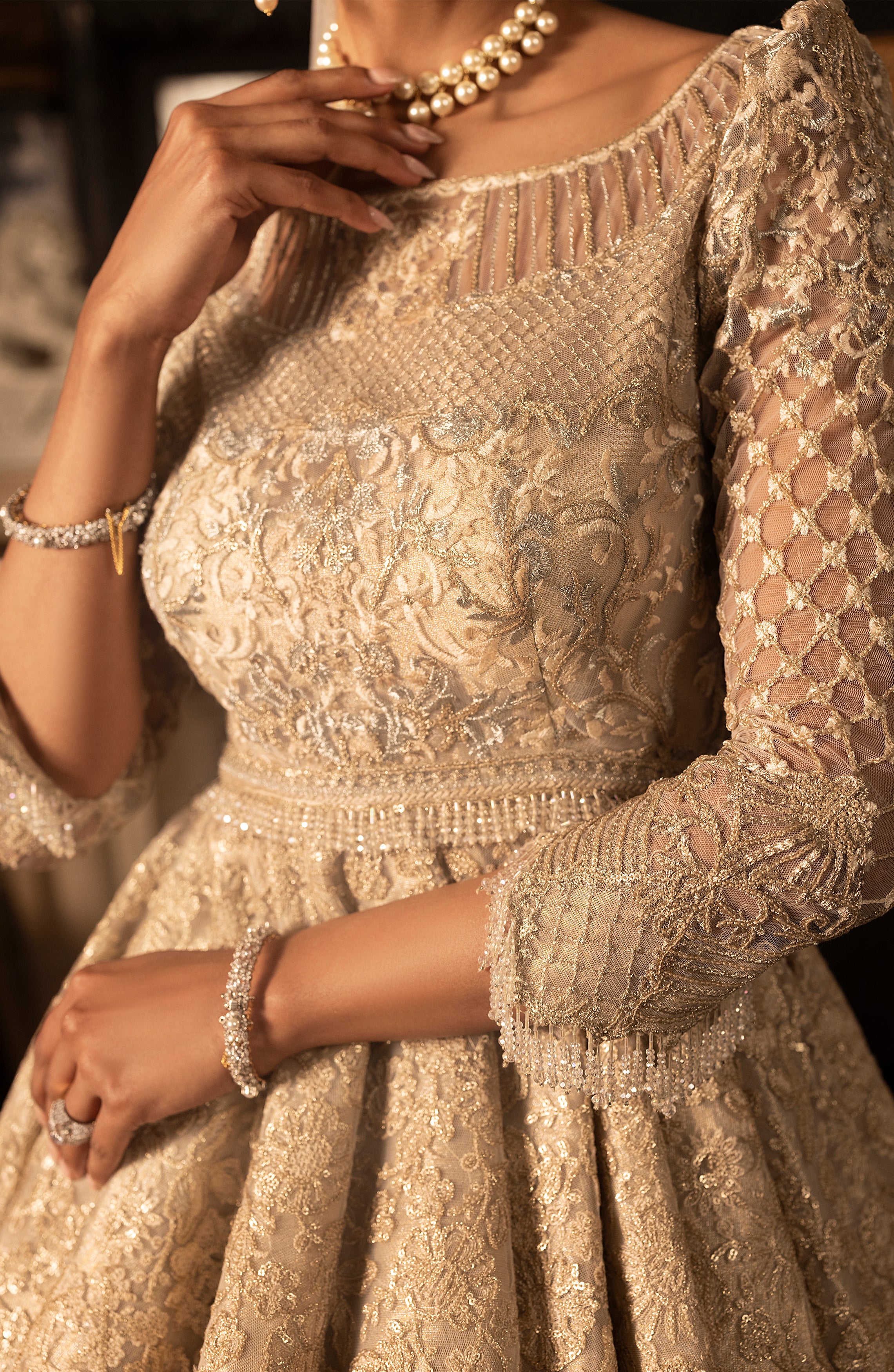 Pakistani Ivory Embroidered Net Peplum Lehenga (3-Piece) - Image 6