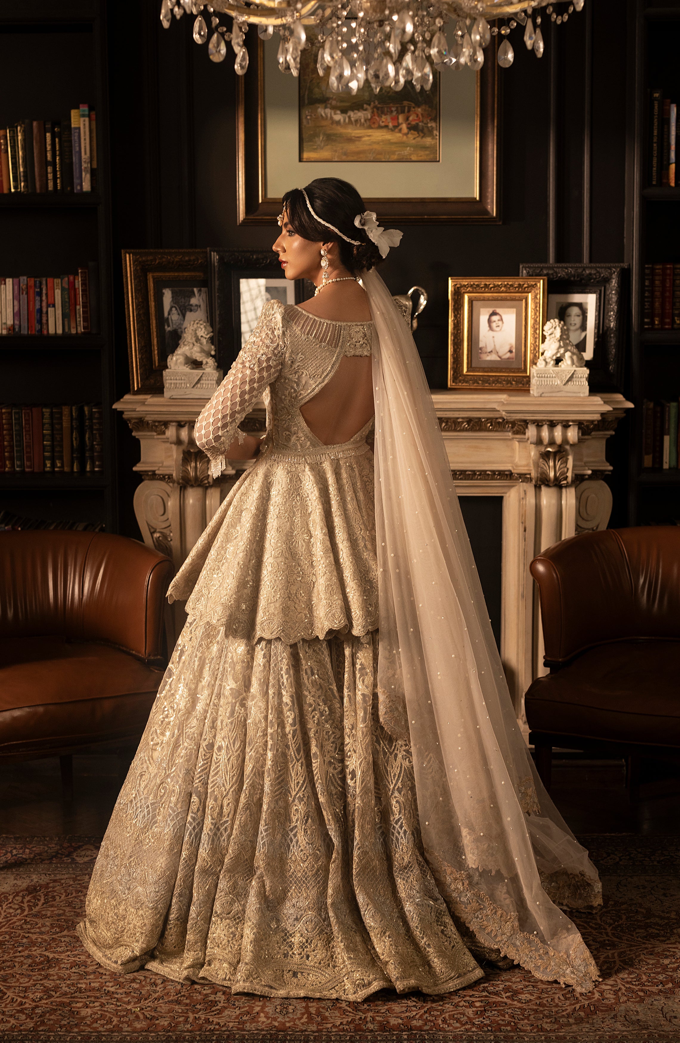 Pakistani Ivory Embroidered Net Peplum Lehenga (3-Piece) - Image 7