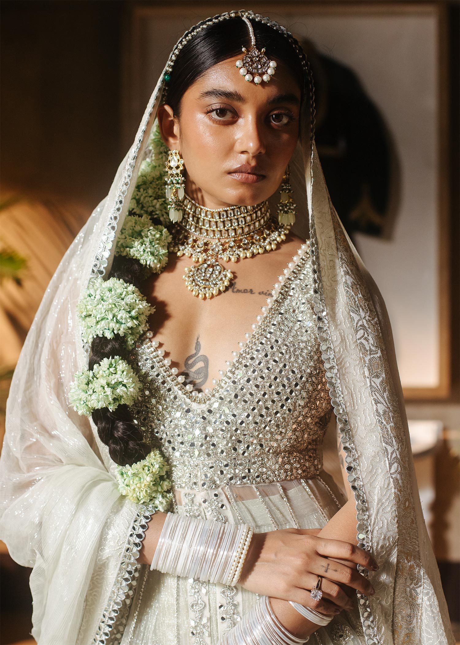 Ivory Embellished Net & Tissue Bridal Lehenga (3-Piece) - Image 2