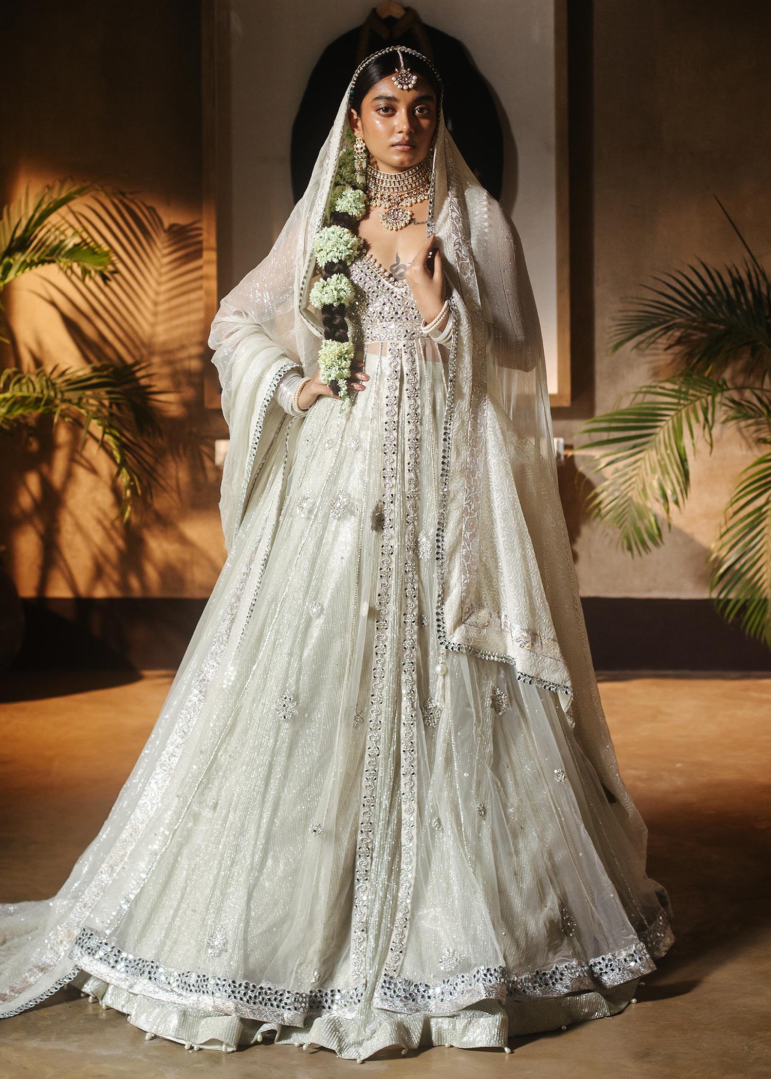 Ivory Embellished Net & Tissue Bridal Lehenga (3-Piece) - Image 3
