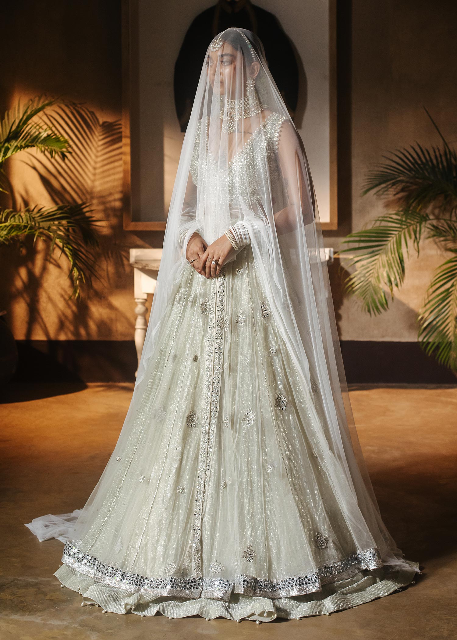 Ivory Embellished Net & Tissue Bridal Lehenga (3-Piece) - Image 4