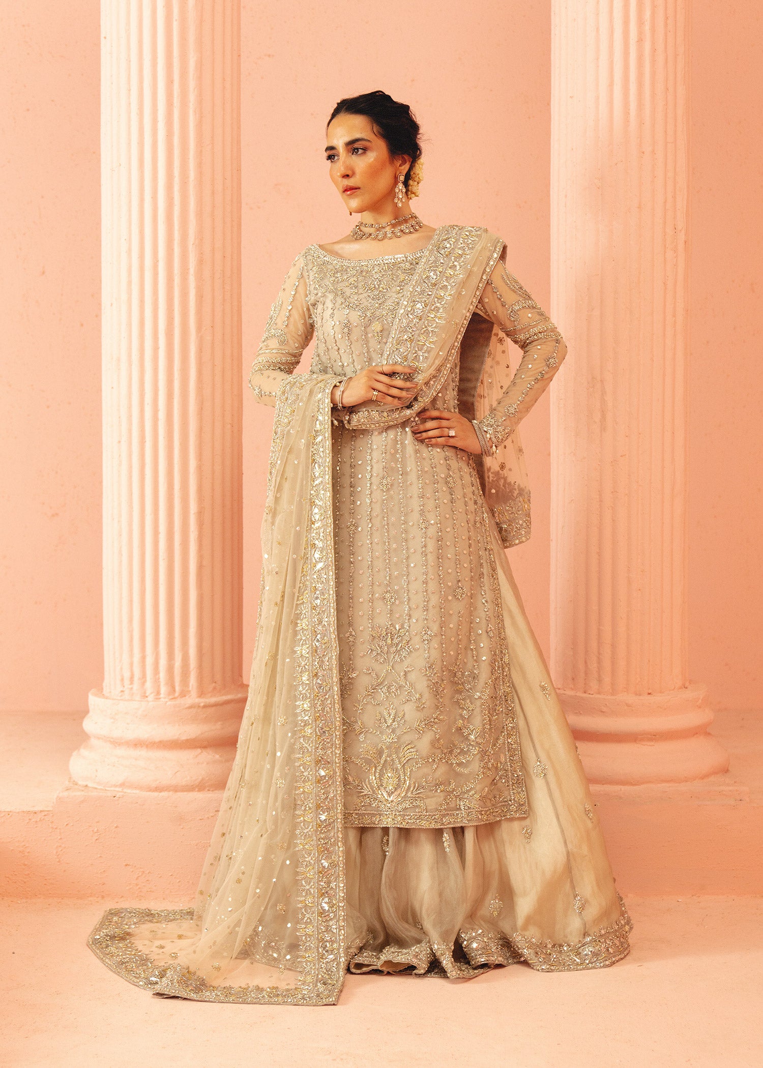 Ivory Gota Mukesh Zardozi Net & Tissue Lehenga (3-Piece) - Image 1